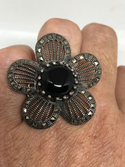 Vintage Marcasite Ring Black Onyx 925 Sterling Silver Cocktail Statement