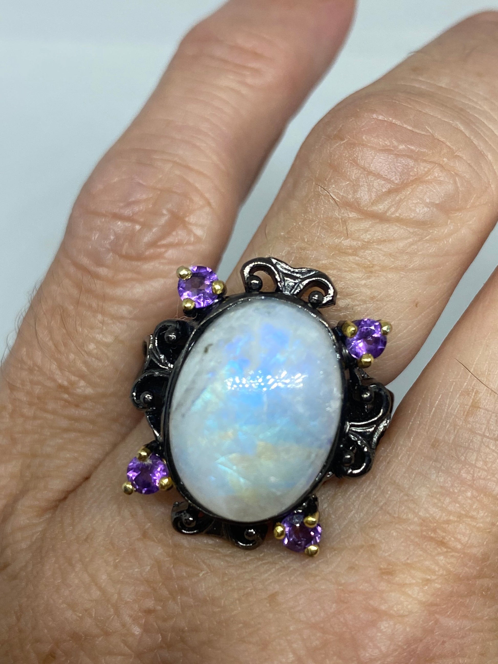 Vintage Rainbow Moonstone Ring 925 Sterling Silver