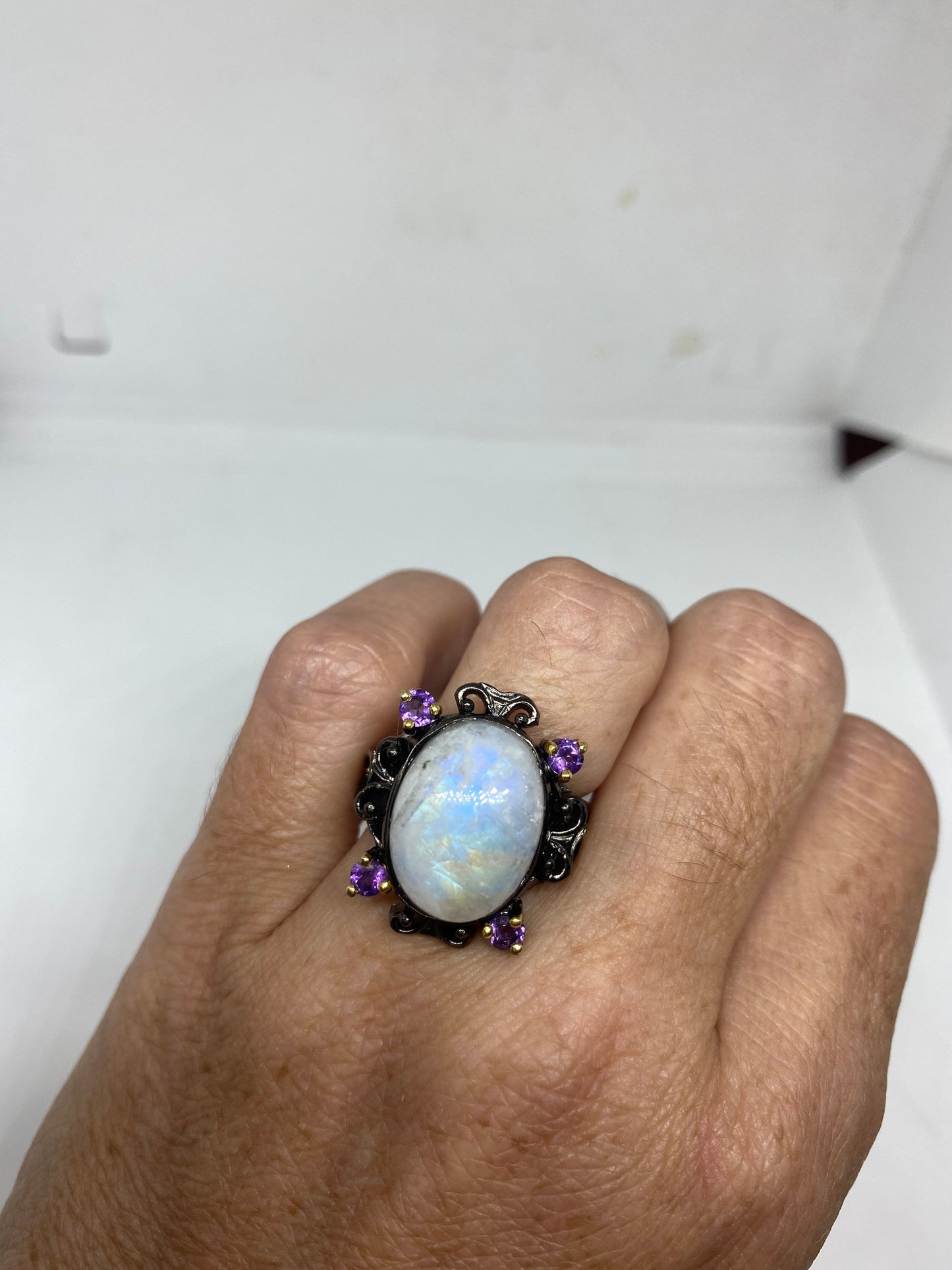 Vintage Rainbow Moonstone Ring 925 Sterling Silver