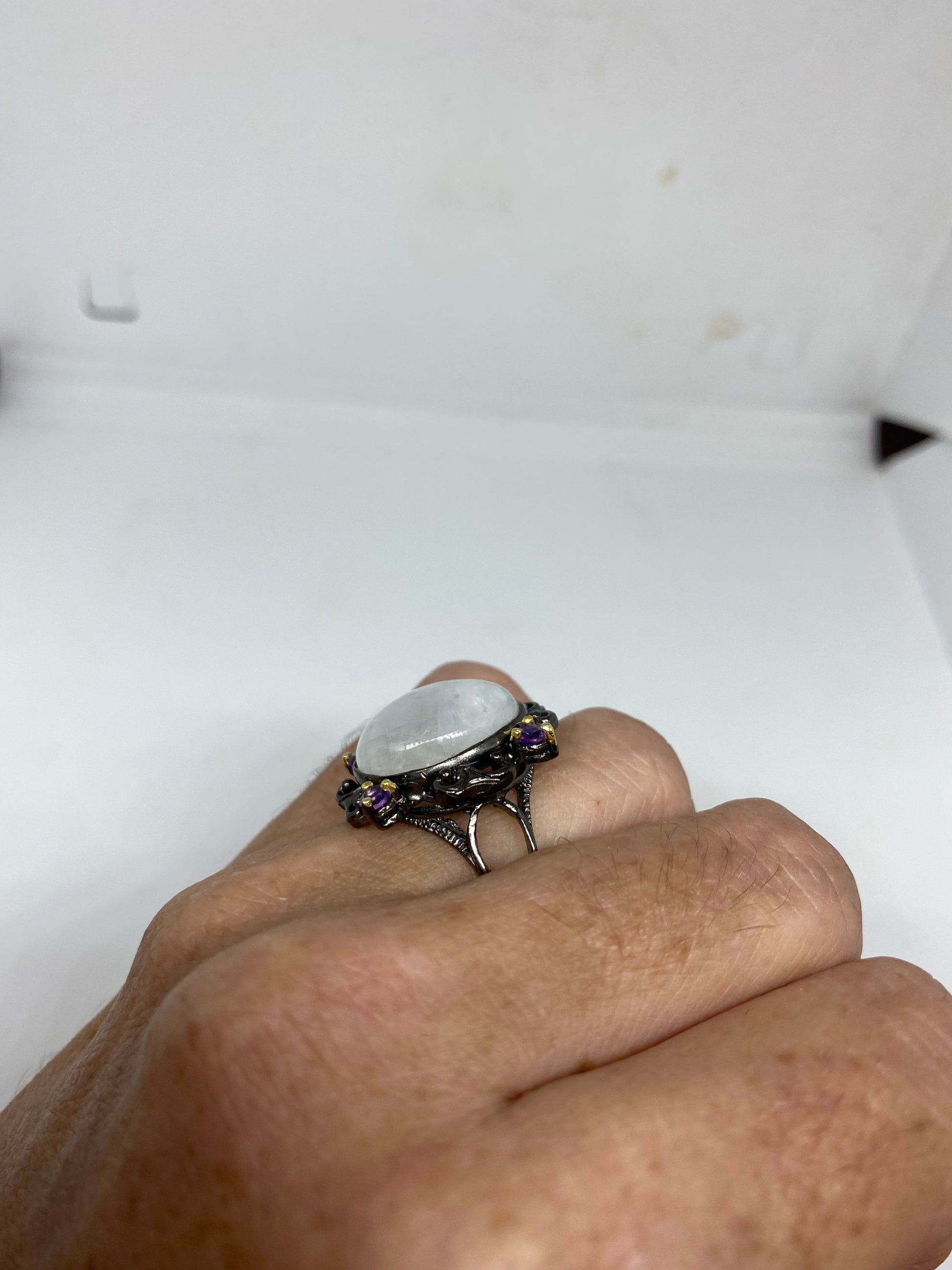 Vintage Rainbow Moonstone Ring 925 Sterling Silver