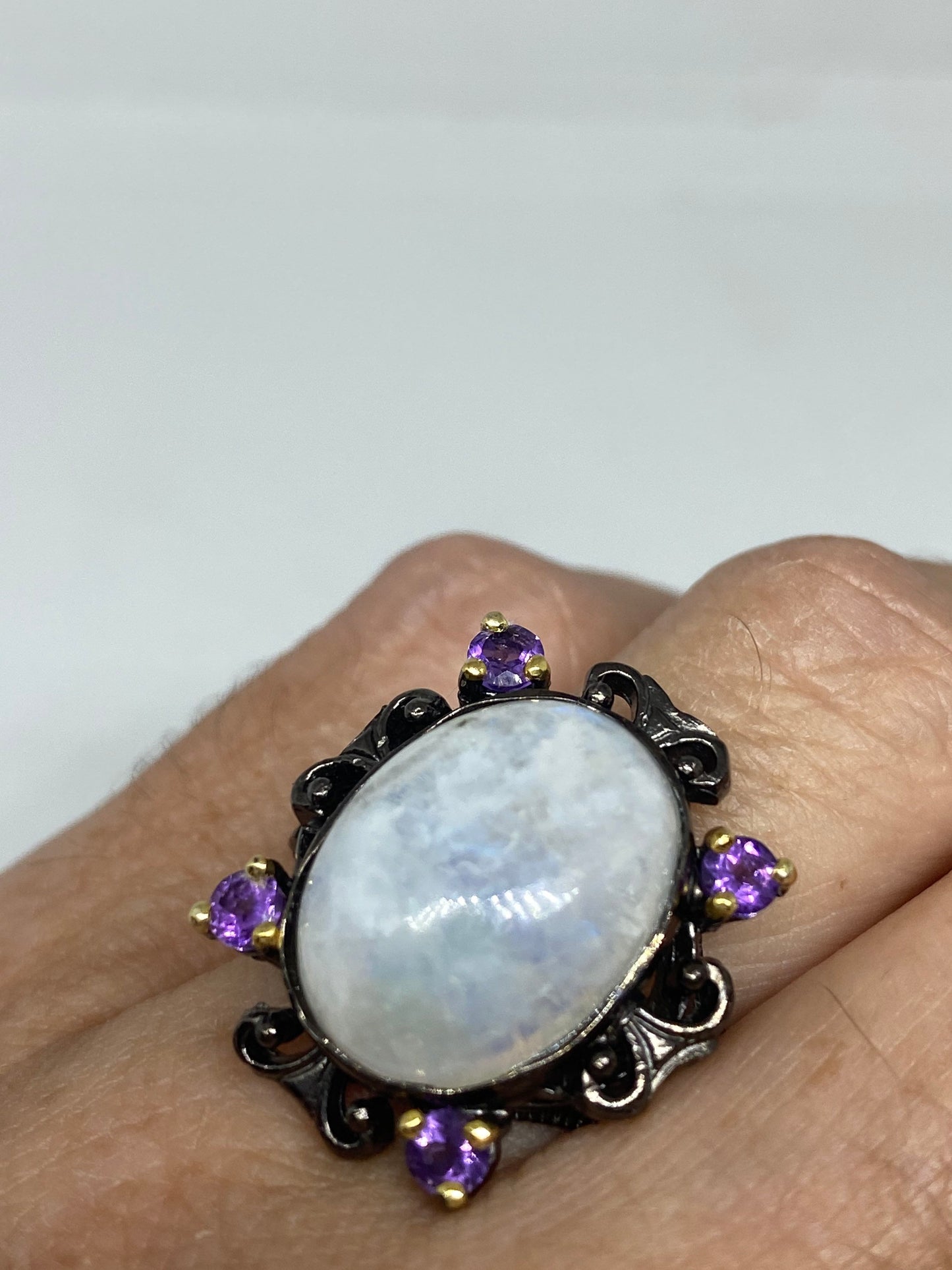 Vintage Rainbow Moonstone Ring 925 Sterling Silver