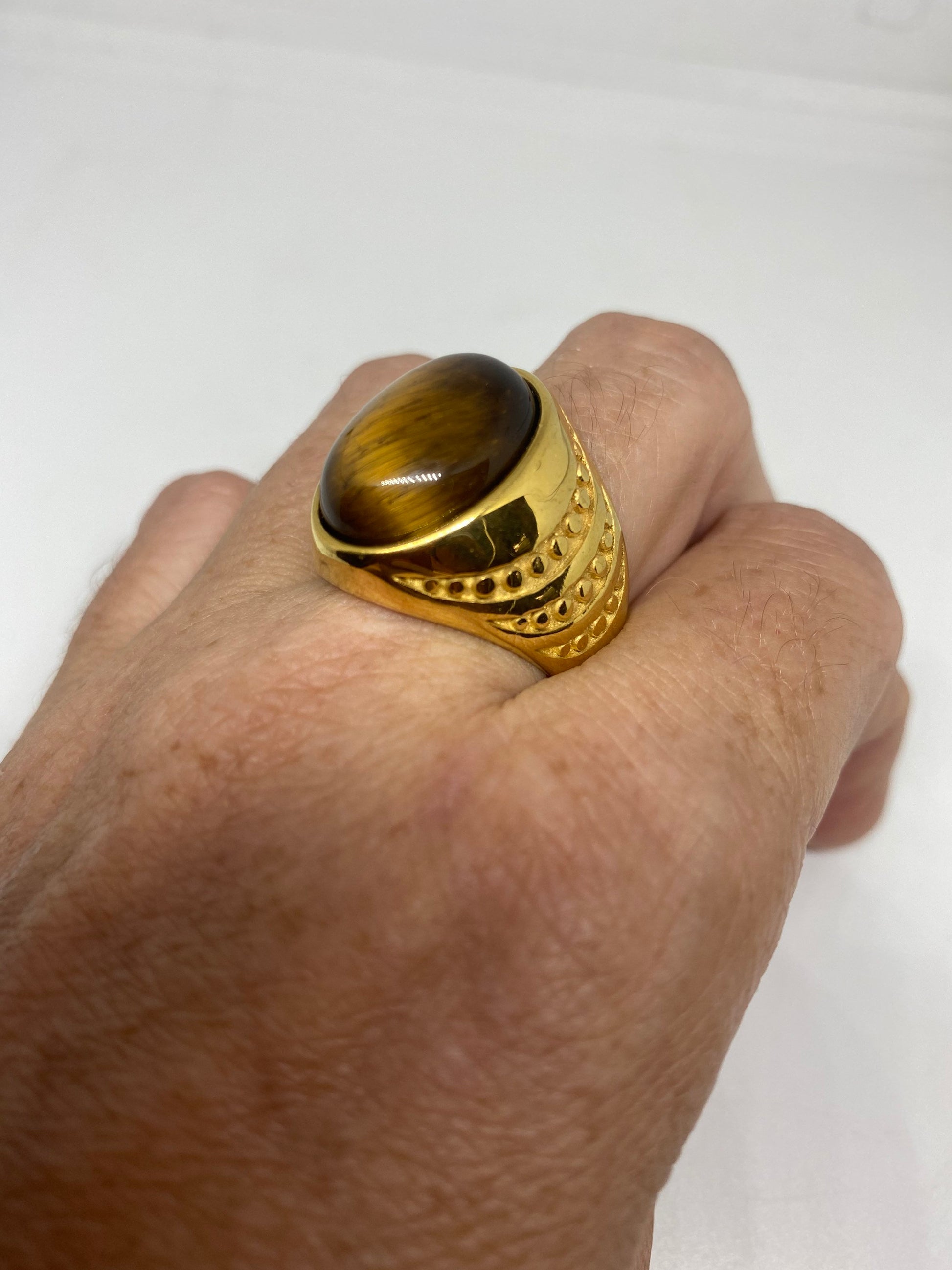 Vintage Golden Mens Ring Stainless Steel Genuine Tigers Eye Ring