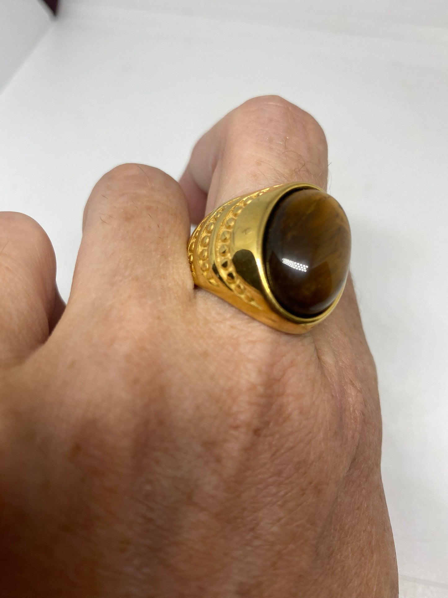 Vintage Golden Mens Ring Stainless Steel Genuine Tigers Eye Ring