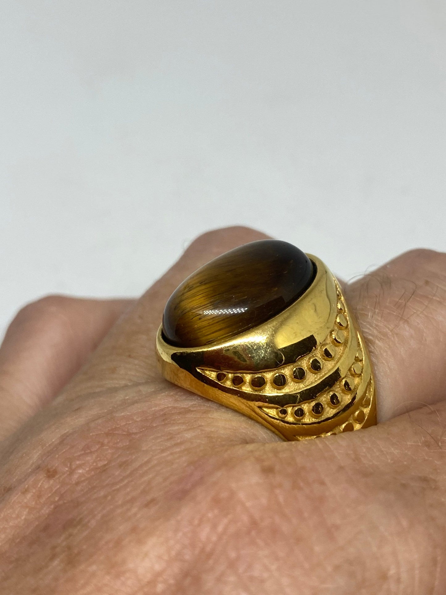 Vintage Golden Mens Ring Stainless Steel Genuine Tigers Eye Ring