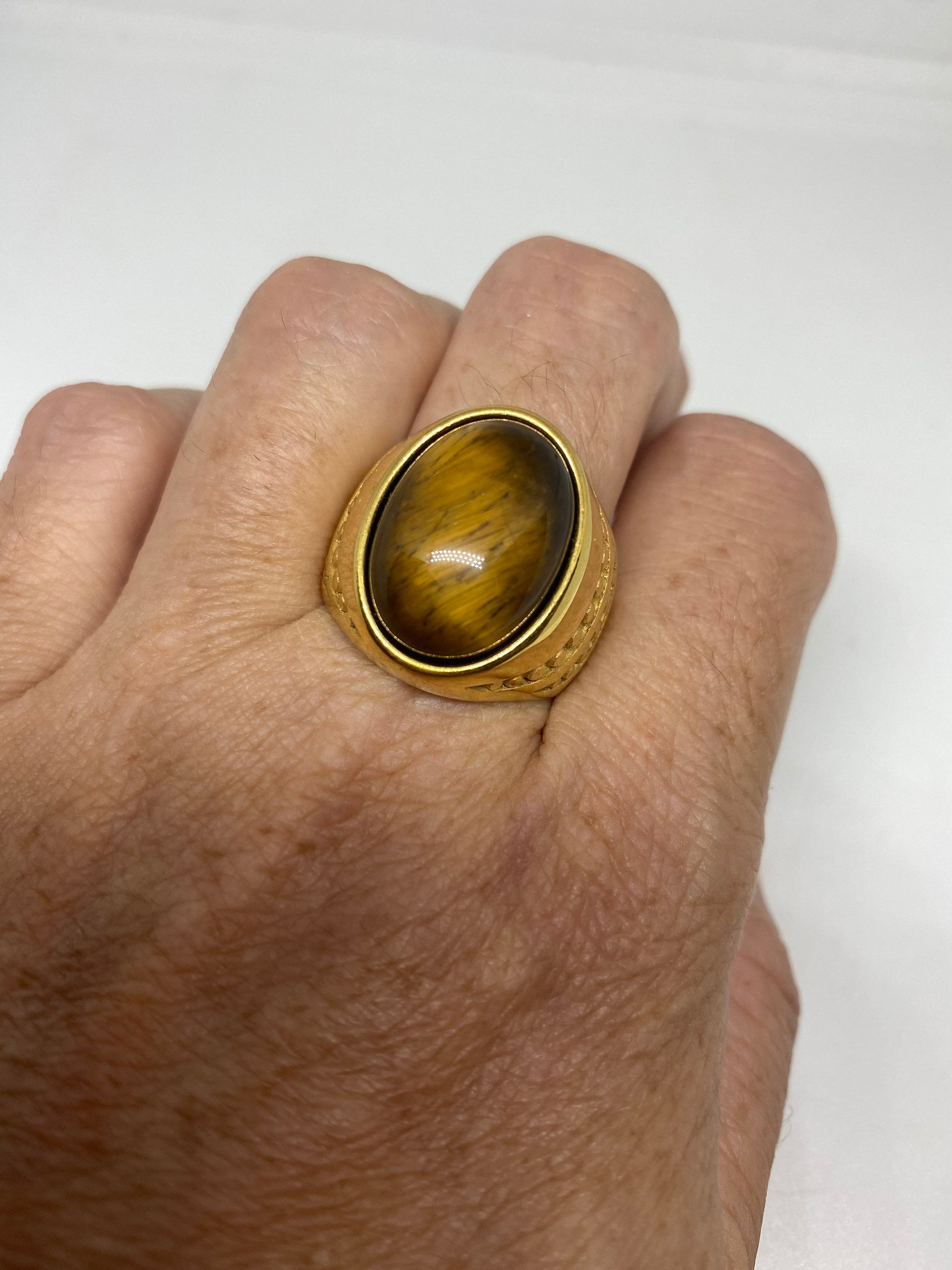 Vintage Golden Mens Ring Stainless Steel Genuine Tigers Eye Ring