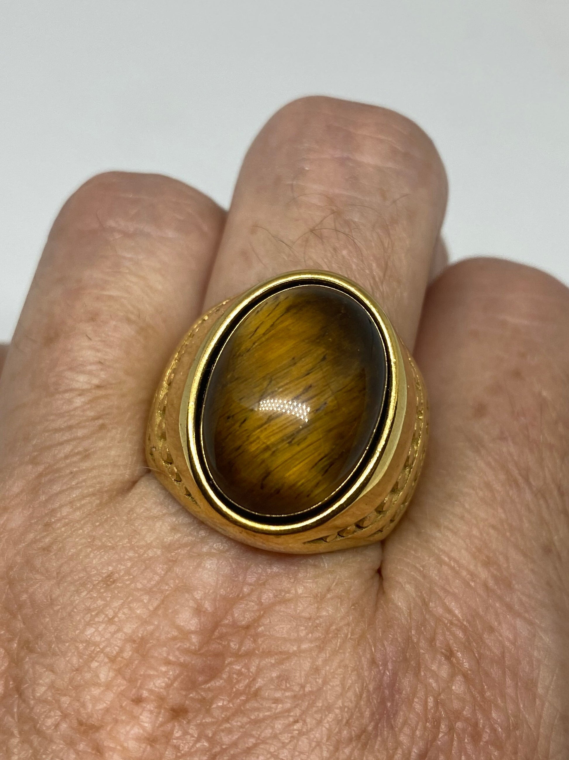 Vintage Golden Mens Ring Stainless Steel Genuine Tigers Eye Ring