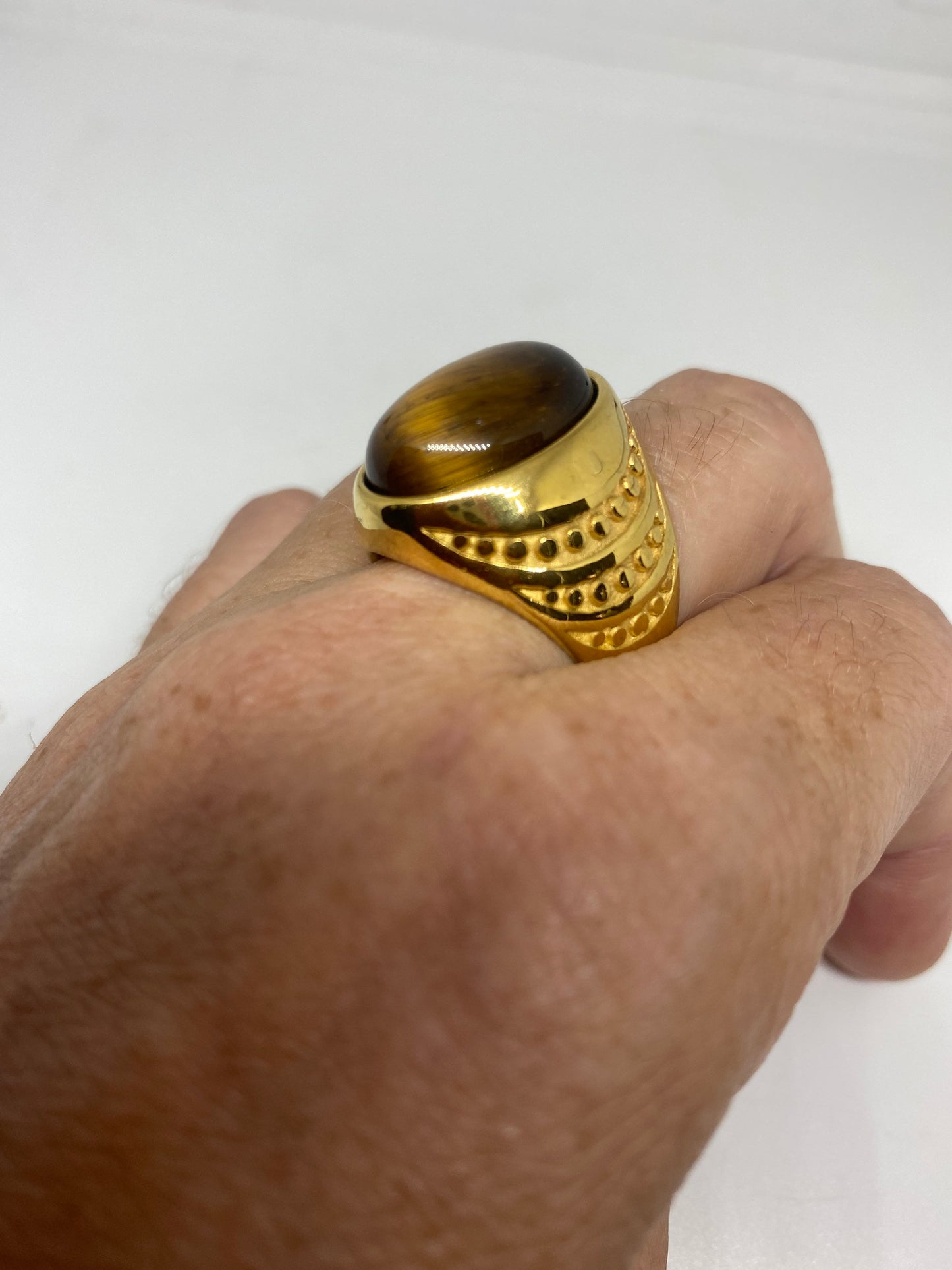 Vintage Golden Mens Ring Stainless Steel Genuine Tigers Eye Ring