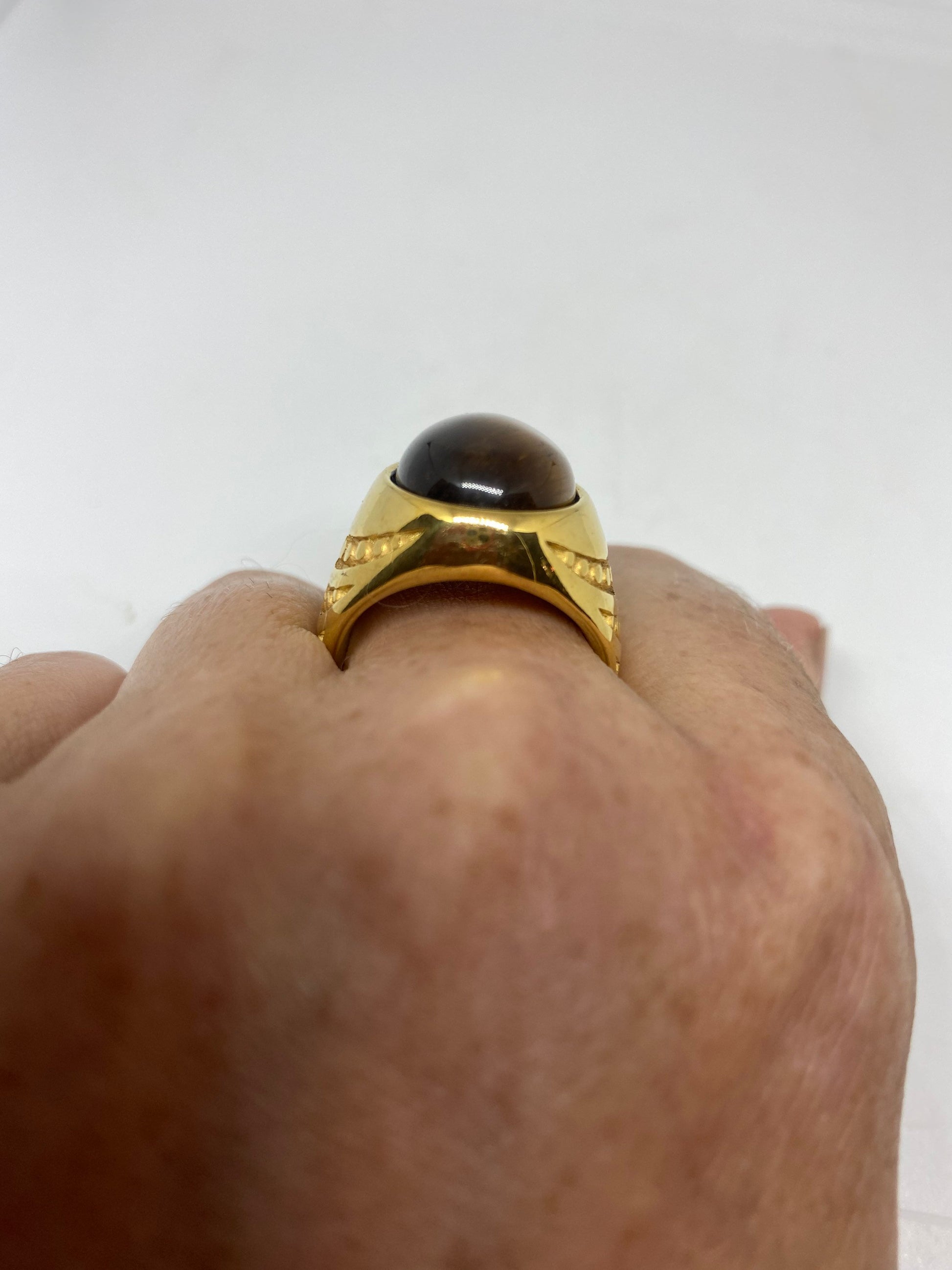 Vintage Golden Mens Ring Stainless Steel Genuine Tigers Eye Ring