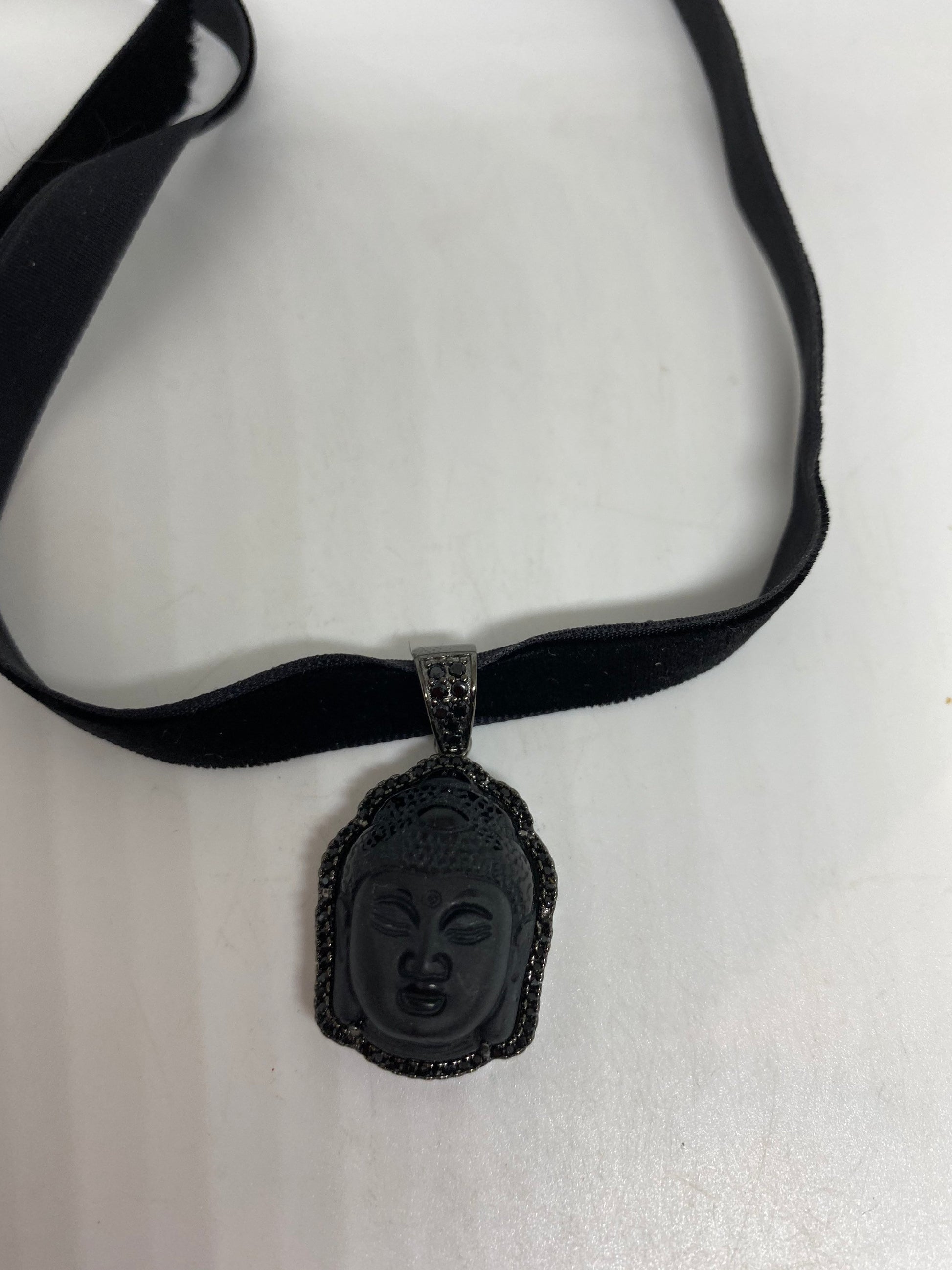 Vintage Black Crystal Buddha Choker 925 Sterling Silver Necklace