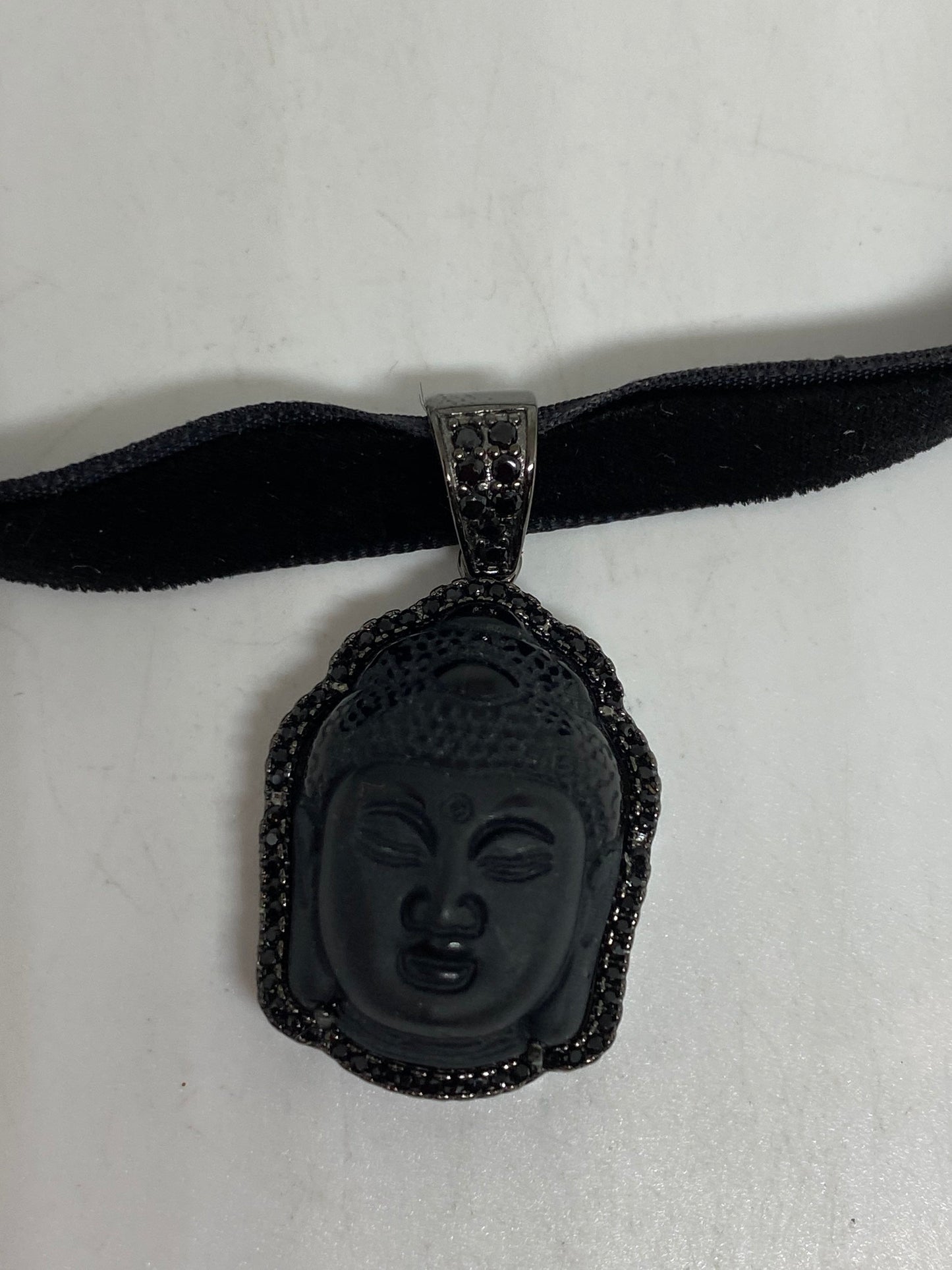 Vintage Black Crystal Buddha Choker 925 Sterling Silver Necklace