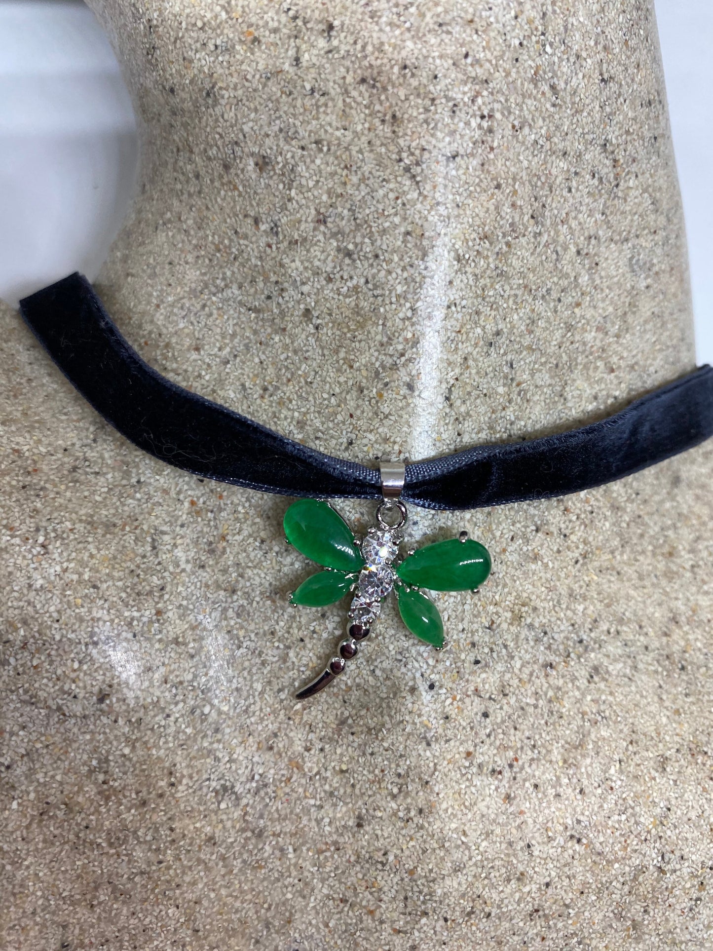 Vintage Green Jade Dragonfly Choker Silver Finish Necklace Pendant