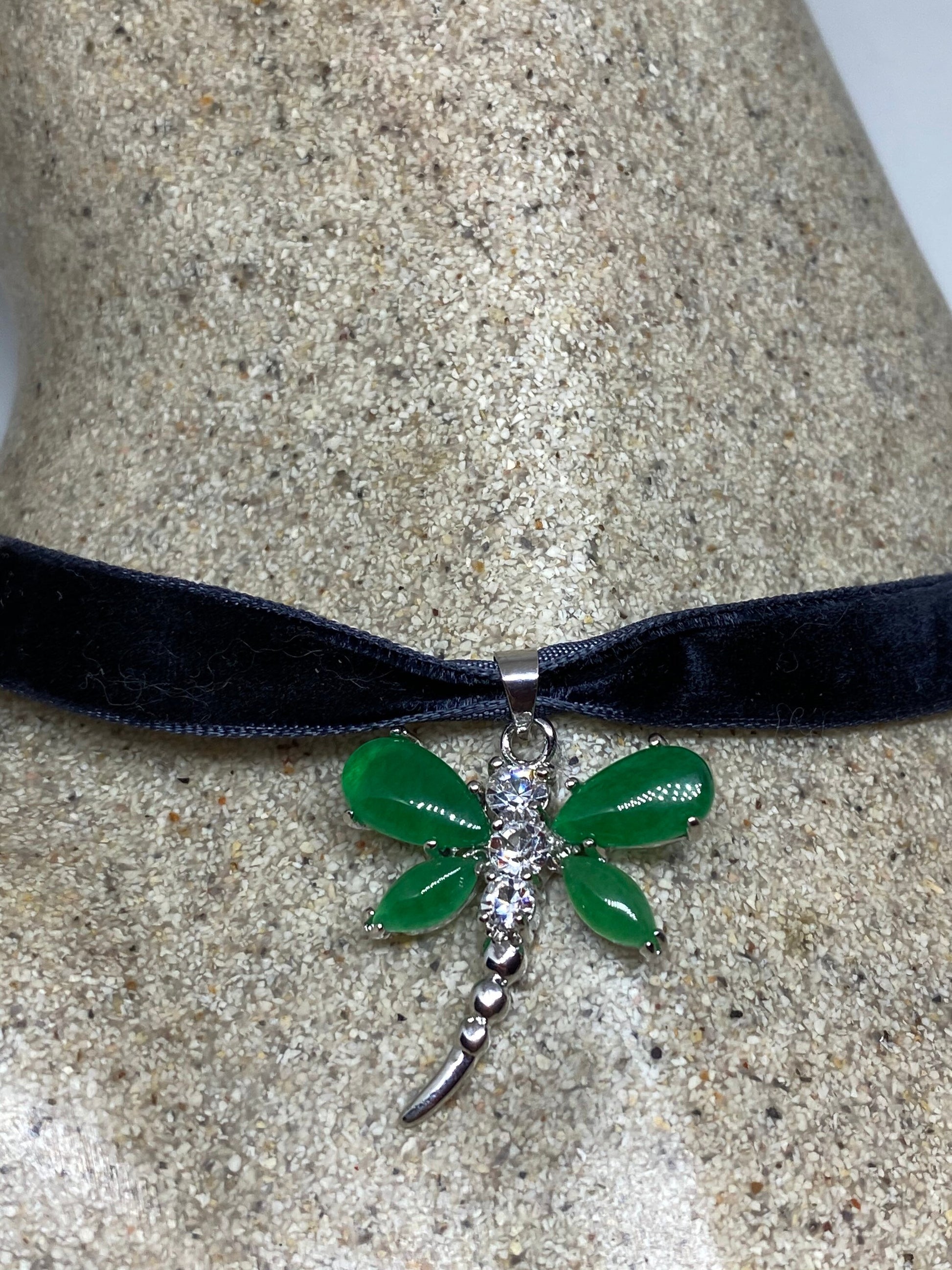 Vintage Green Jade Dragonfly Choker Silver Finish Necklace Pendant