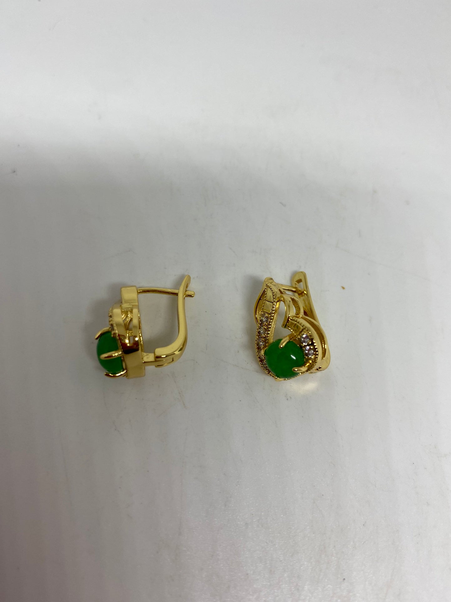 Vintage Green Jade Golden Earrings Stud Button