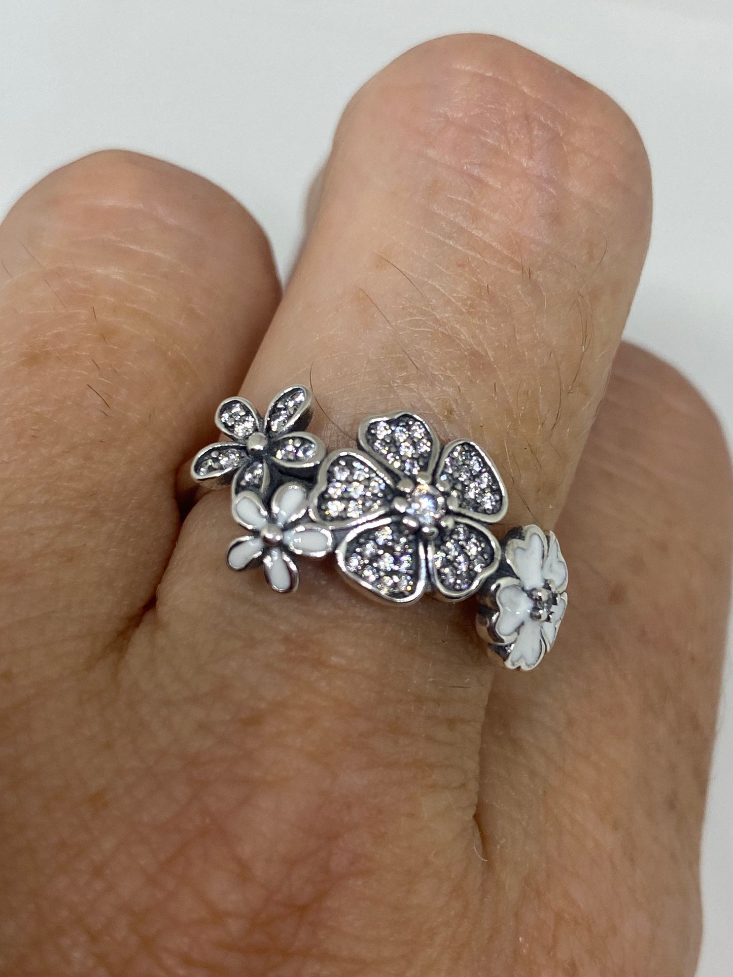 Brooklyn Line Micro Cubic Zirconia Crystal White Enamel Flower Sterling Silver Band Ring