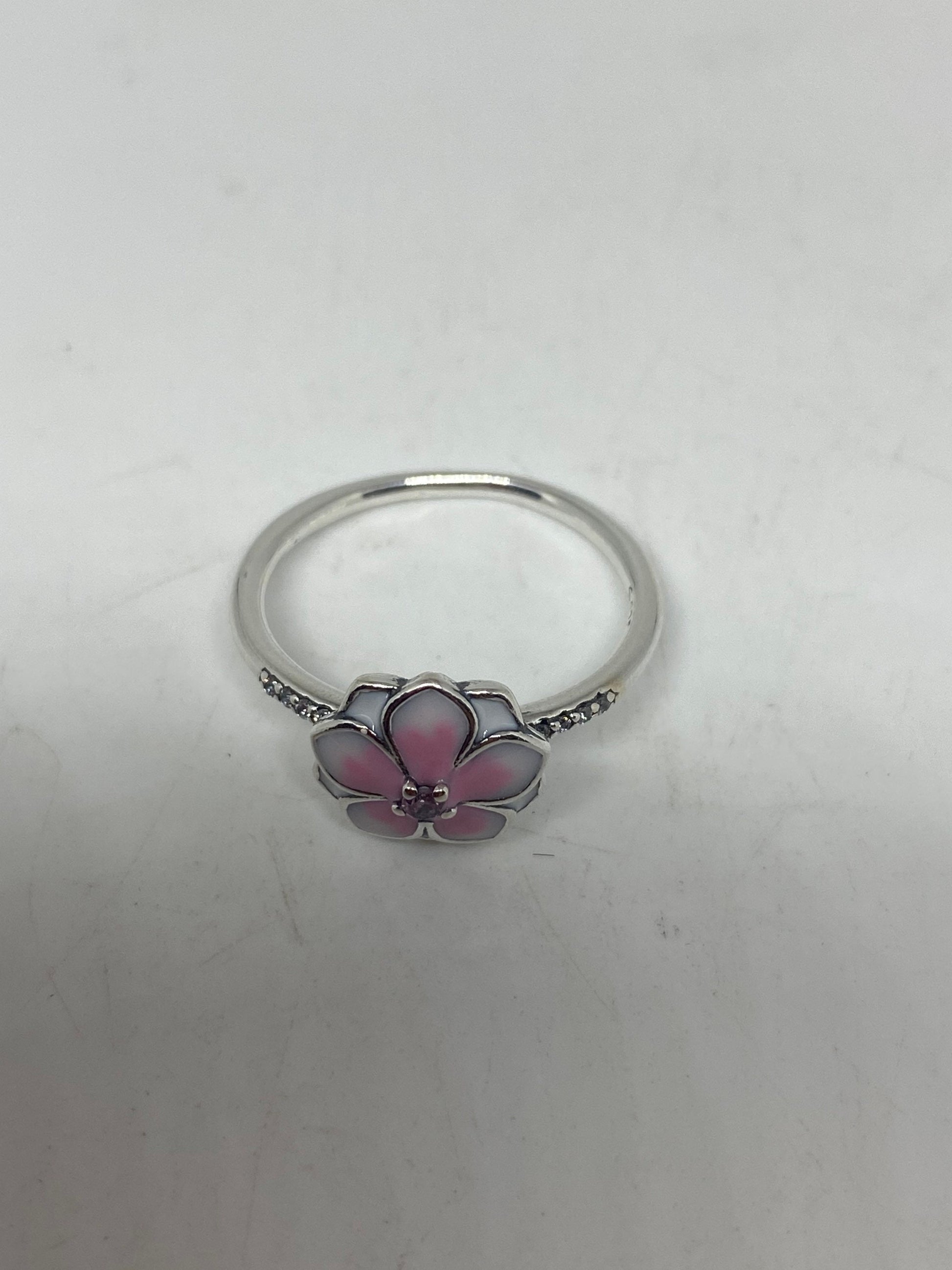 Brooklyn Line Micro Cubic Zirconia Crystal Pink Enamel Flower Sterling Silver Band Ring