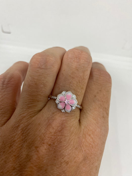 Brooklyn Line Micro Cubic Zirconia Crystal Pink Enamel Flower Sterling Silver Band Ring