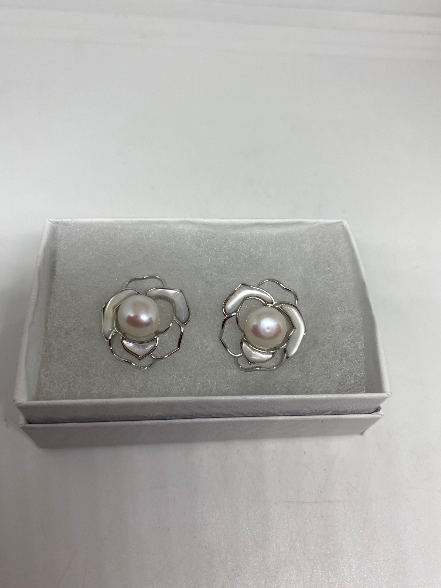 Vintage Genuine White Pearl 925 Sterling Silver Button Rose Earrings