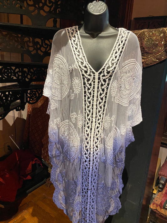 Vintage Style Blue ivory Embroidered kimono Poncho