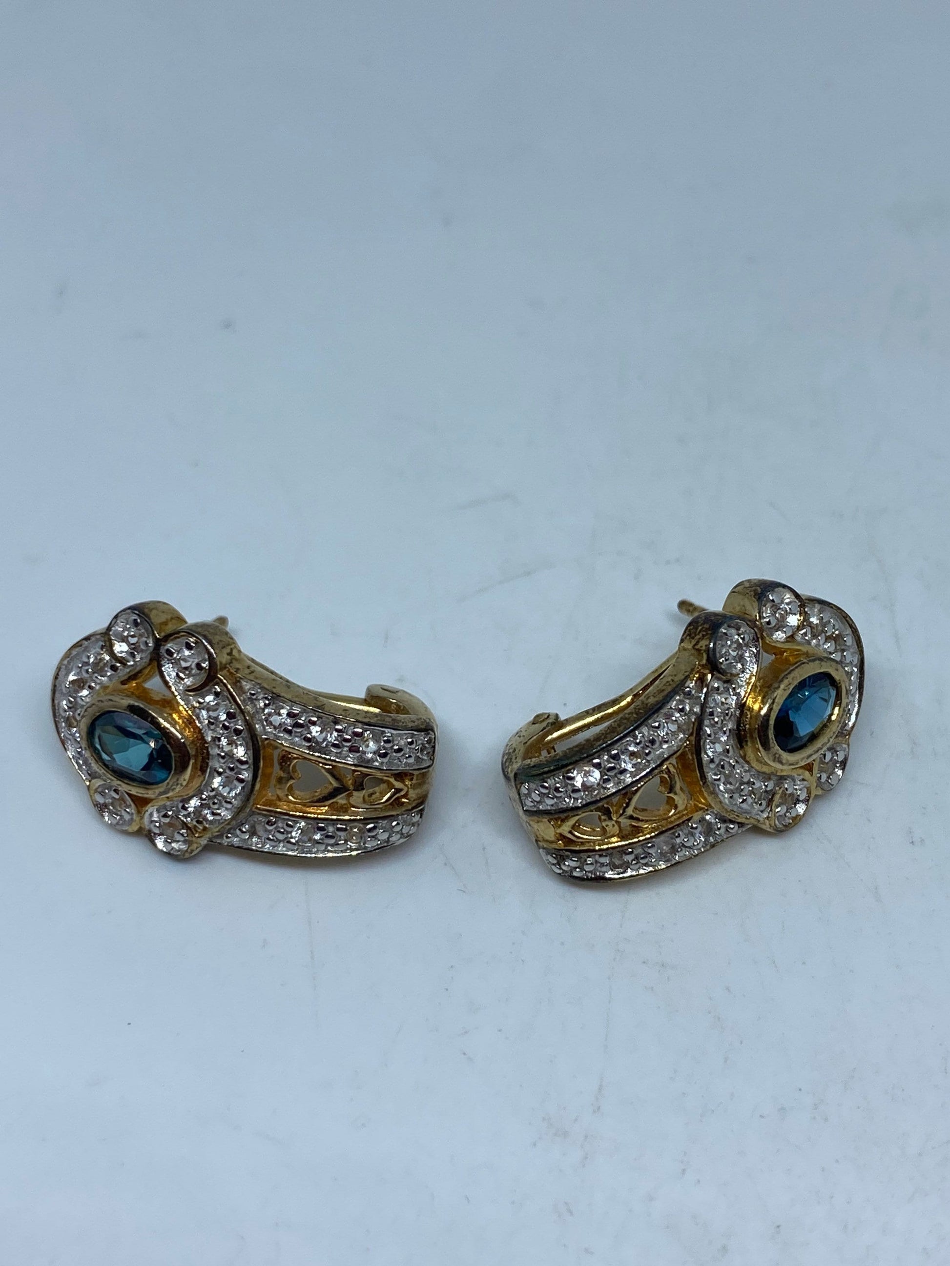 Vintage Blue Flourite Gemstone Filigree Golden 925 Sterling Silver Earrings