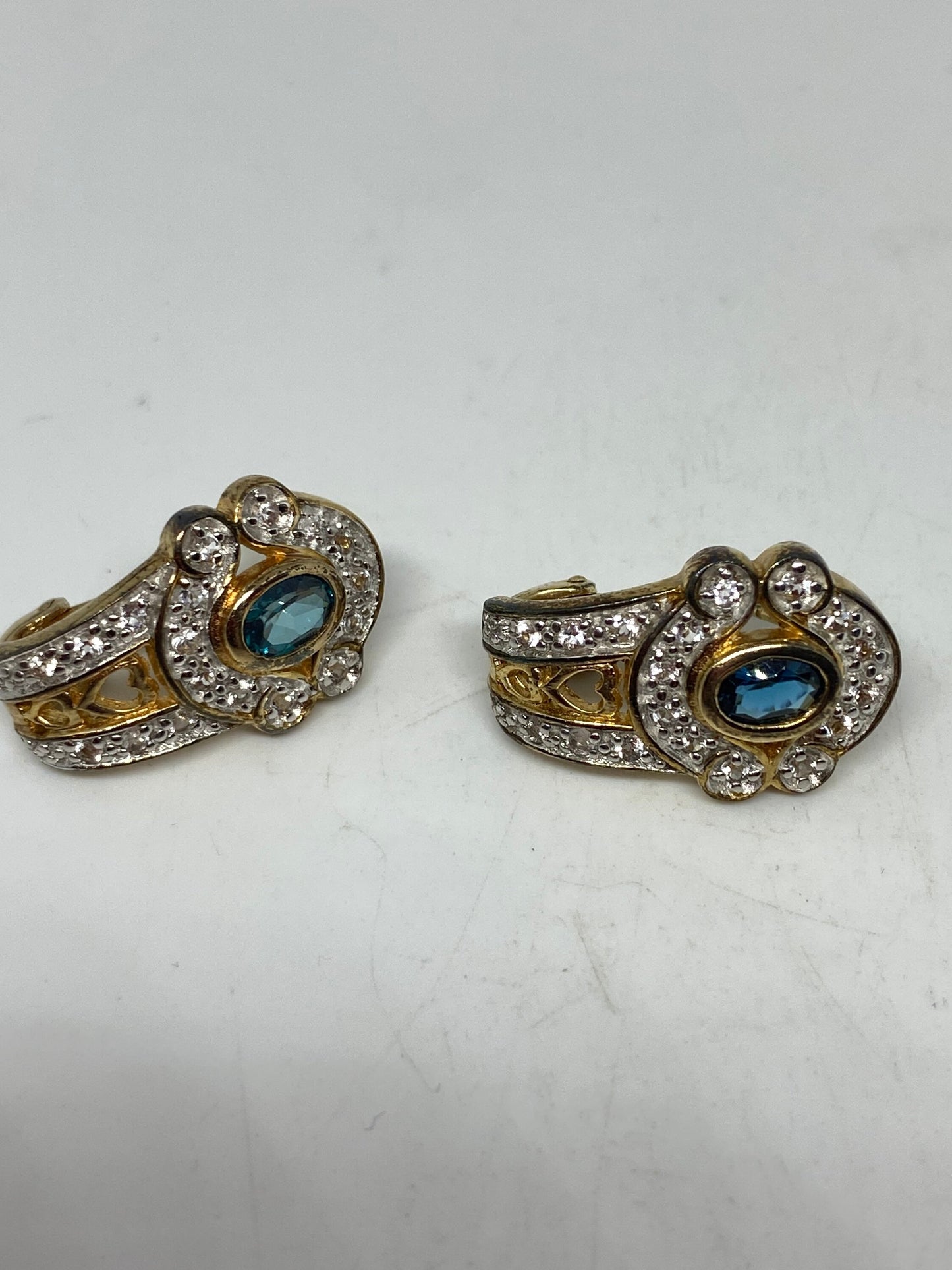 Vintage Blue Fluorite Gemstone Filigree Golden 925 Sterling Silver Earrings