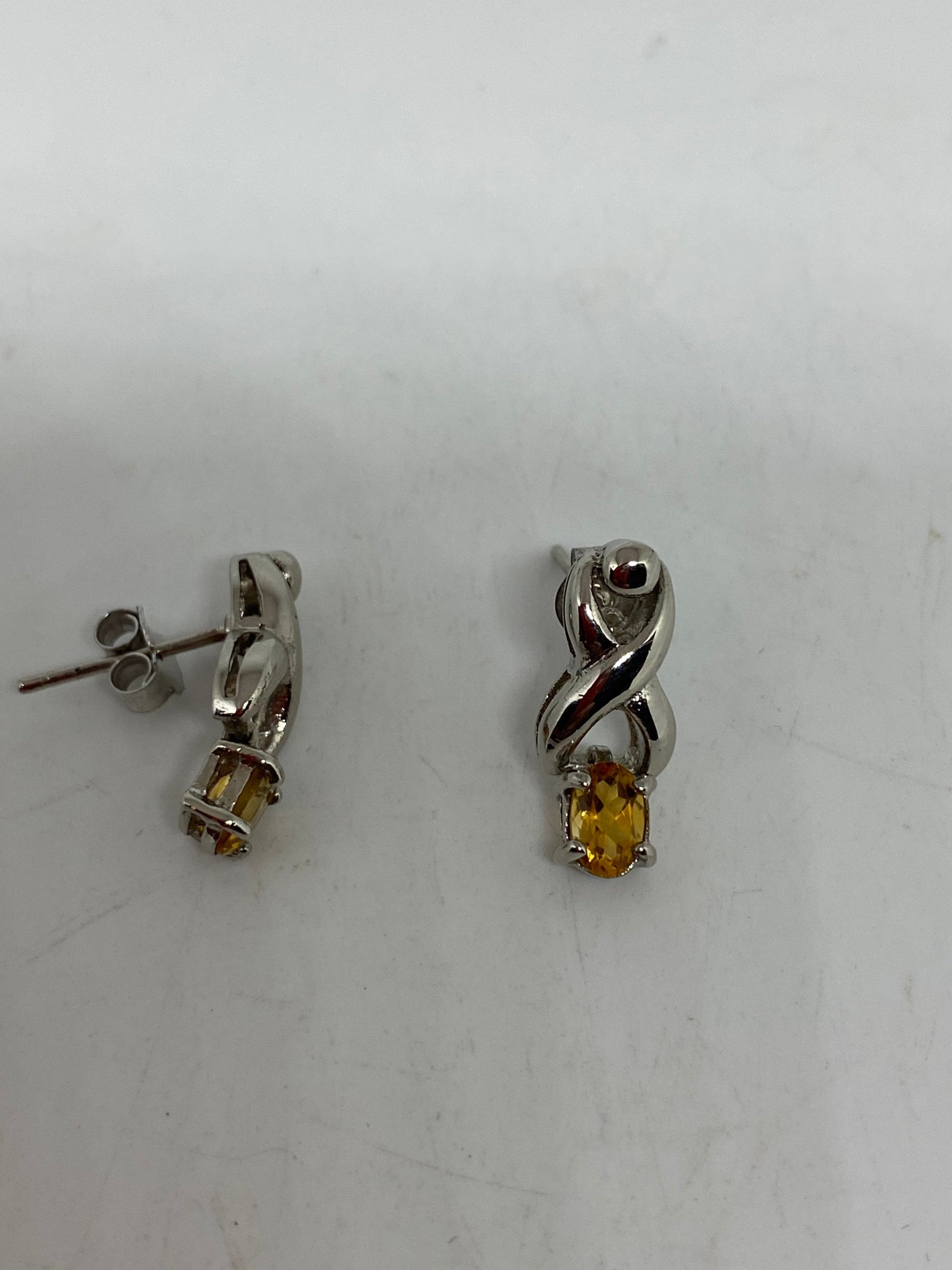 Vintage Citrine Earrings 925 Sterling Silver Deco Button Studs