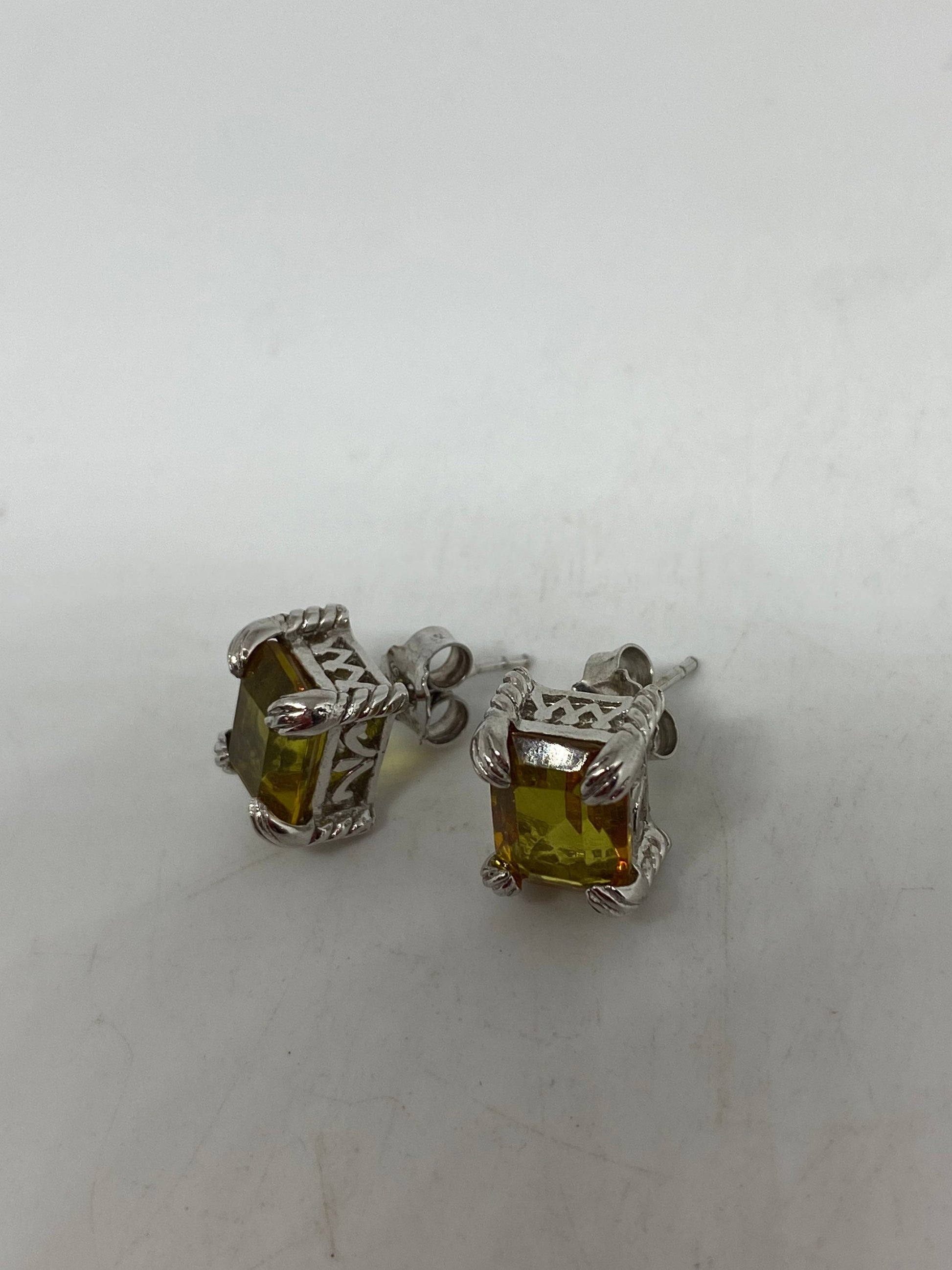 Handmade Vintage Genuine Baltic Yellow Sterling Silver button Earrings