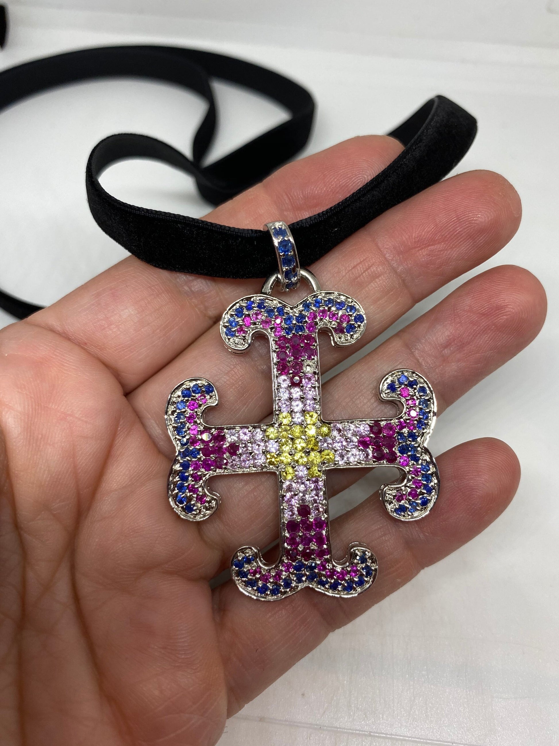 Vintage Handmade 925 Sterling Silver White Gold Finish Genuine Garnet Citrine Cross Antique Pendant Necklace