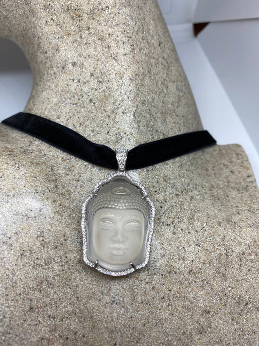 Vintage Clear Crystal Buddha Choker 925 Sterling Silver Necklace