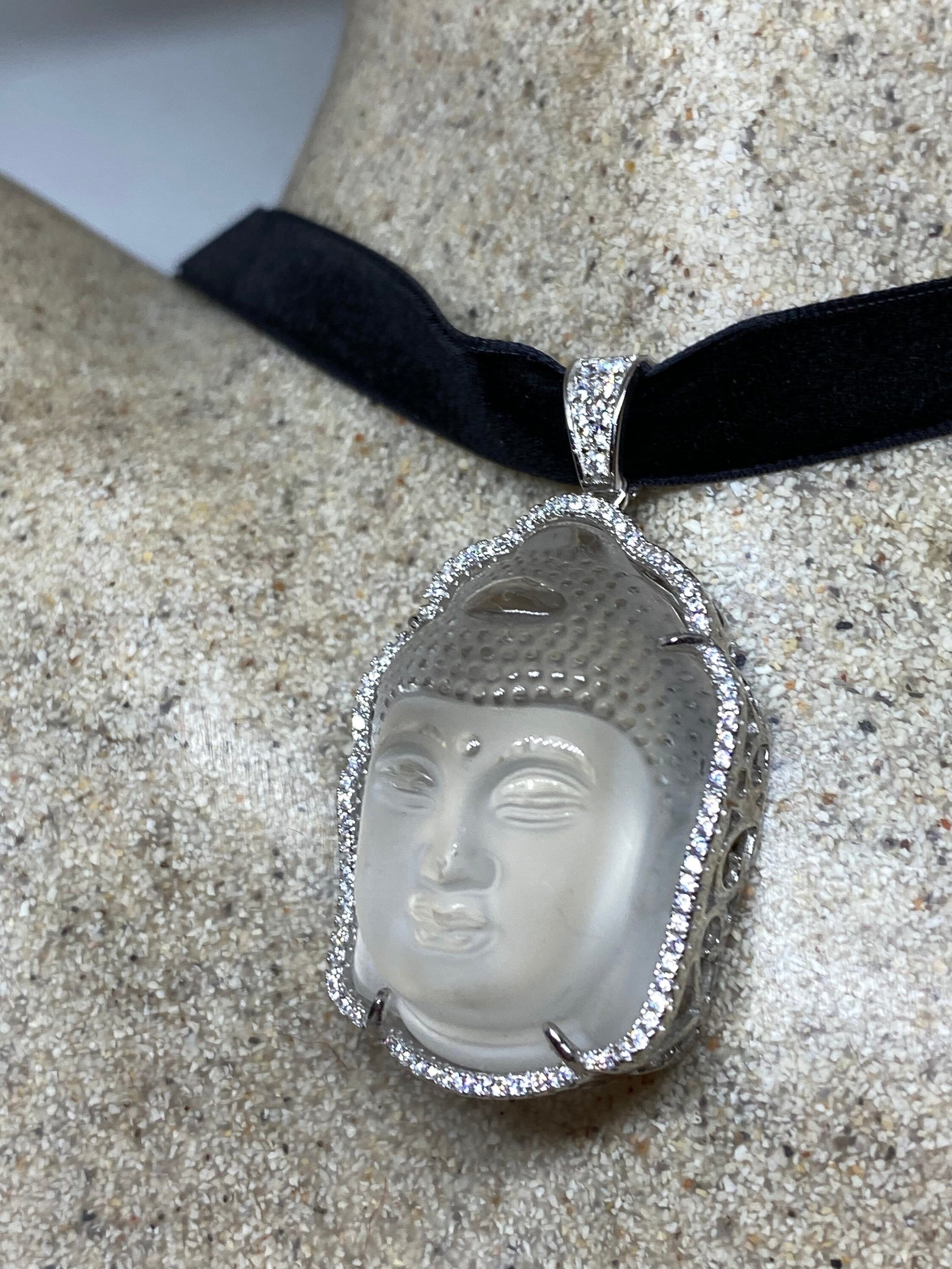 Vintage Clear Crystal Buddha Choker 925 Sterling Silver Necklace