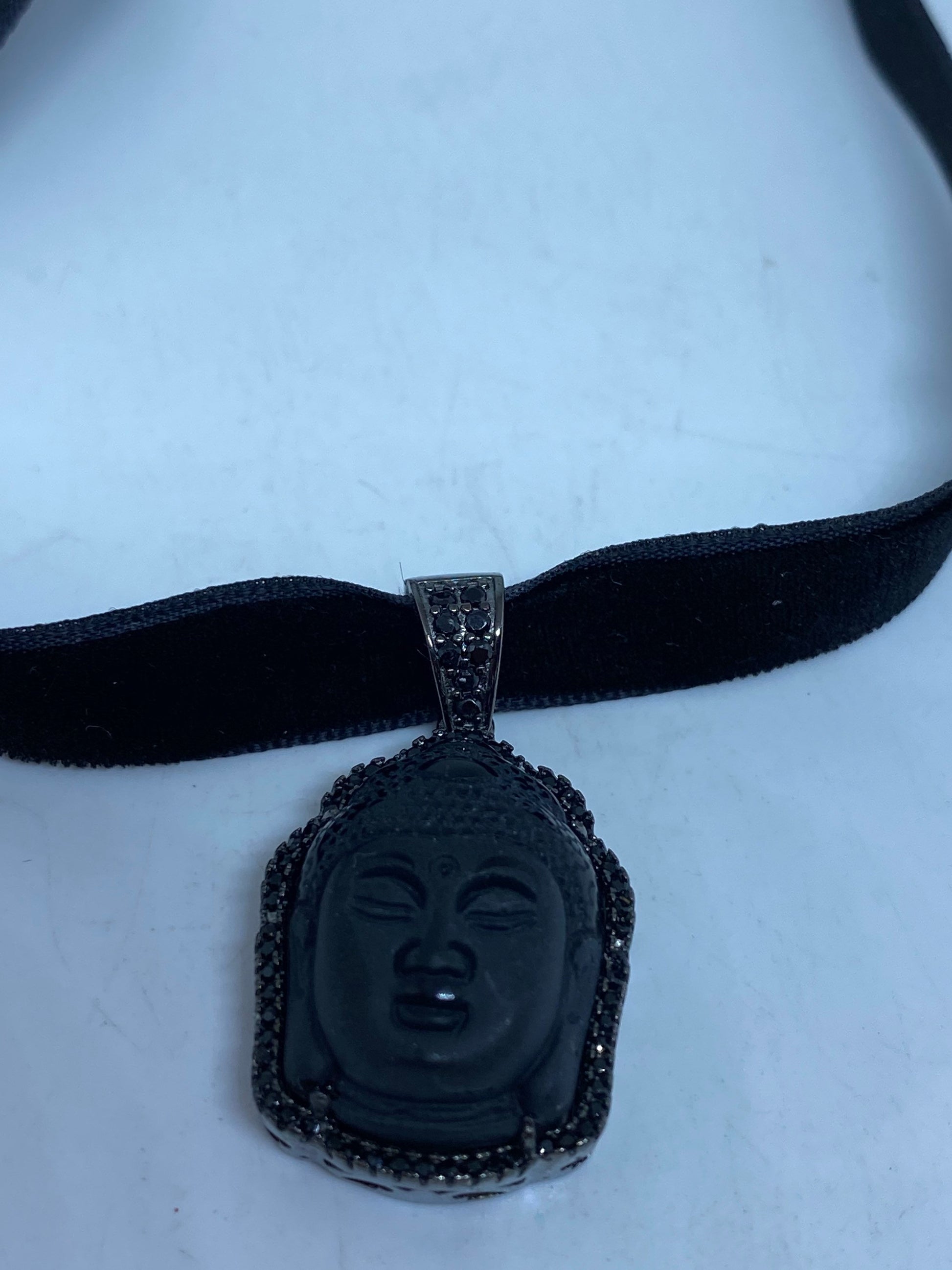 Vintage Black Crystal Buddha Choker 925 Sterling Silver Necklace