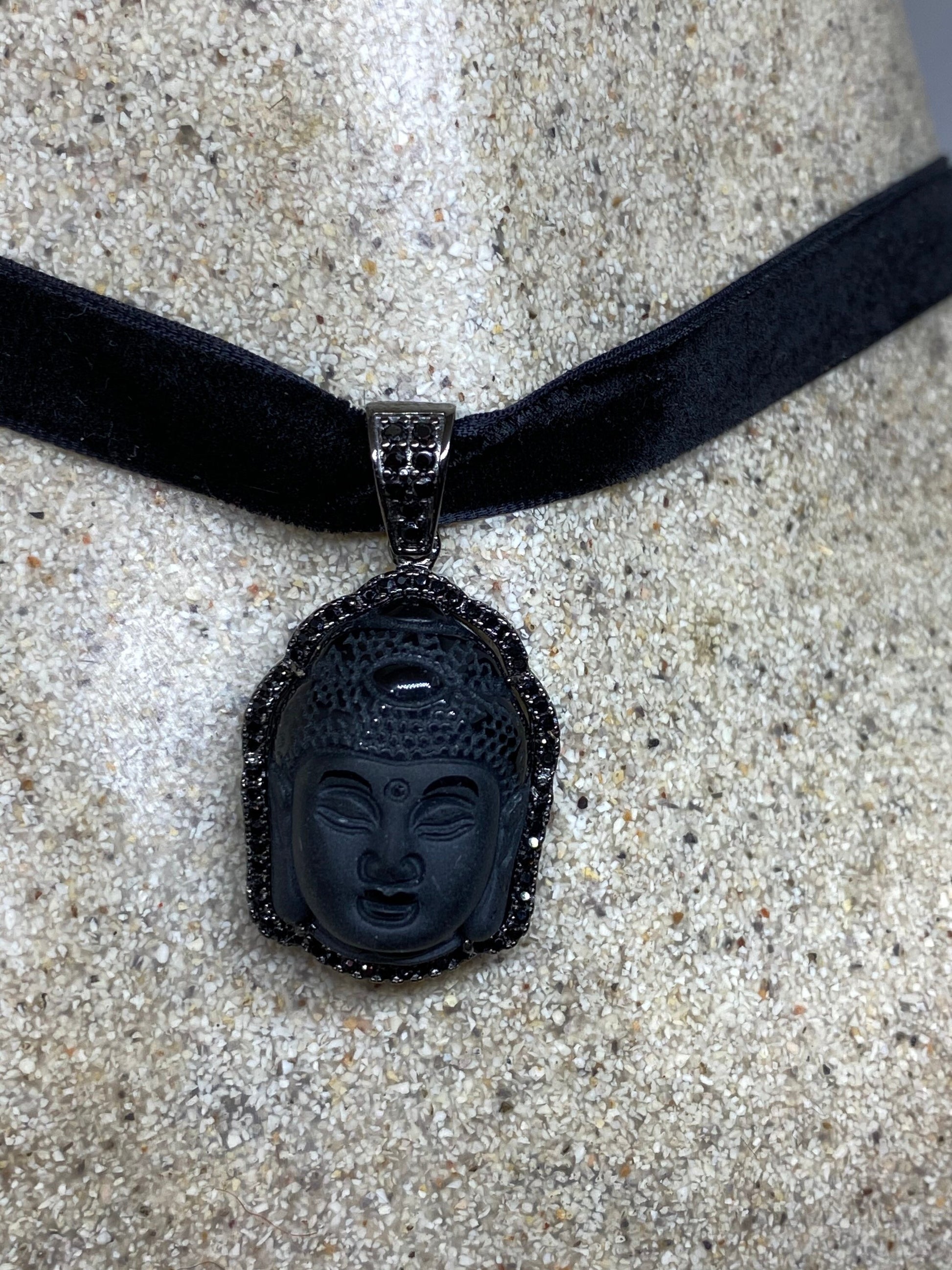 Vintage Black Crystal Buddha Choker 925 Sterling Silver Necklace