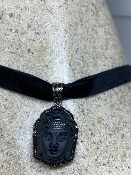Vintage Black Crystal Buddha Choker 925 Sterling Silver Necklace