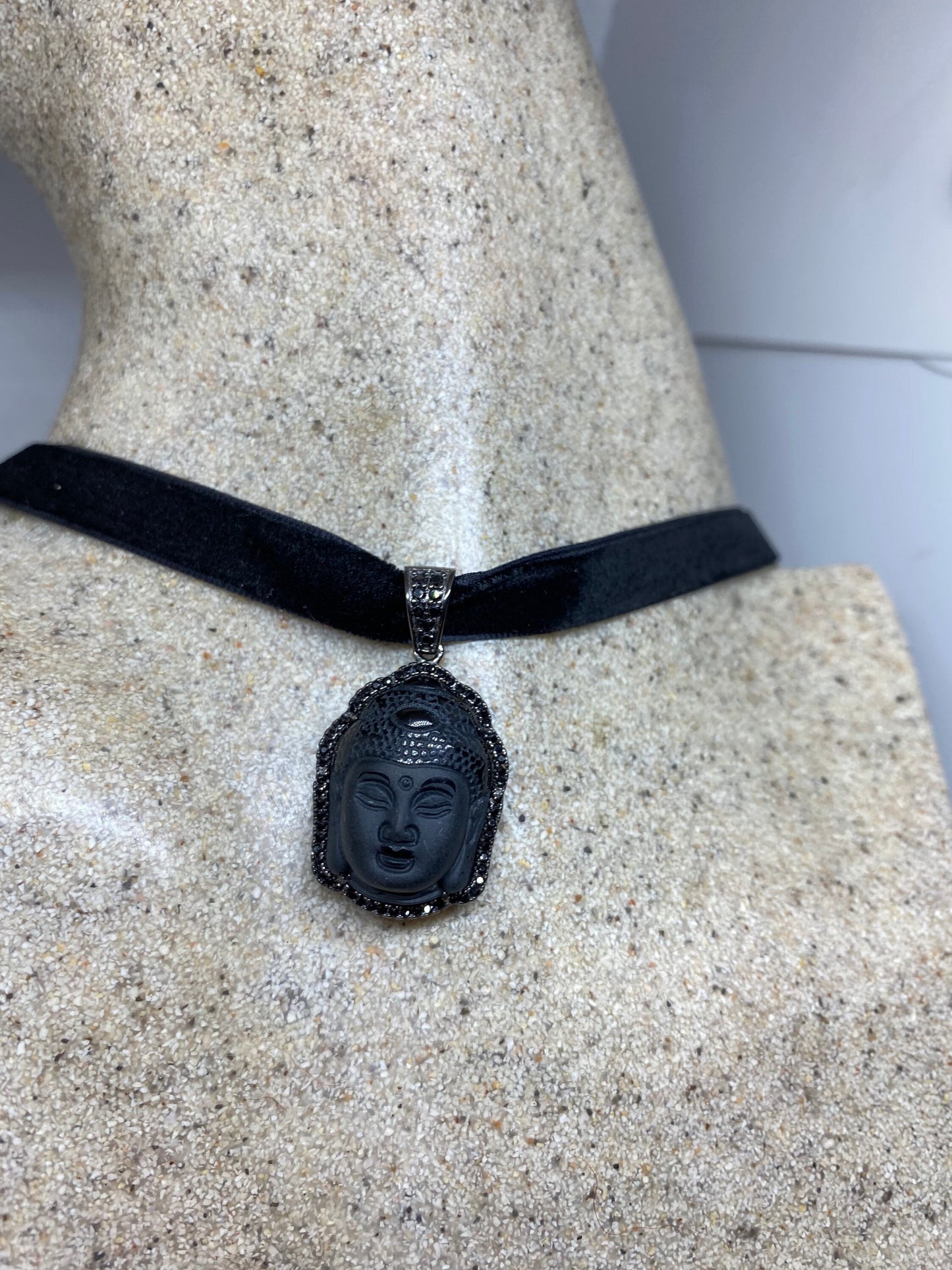 Vintage Black Crystal Buddha Choker 925 Sterling Silver Necklace