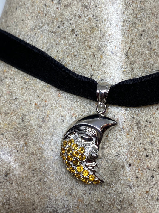 Vintage Citrine moon Choker 925 Sterling Silver Deco Pendant Necklace