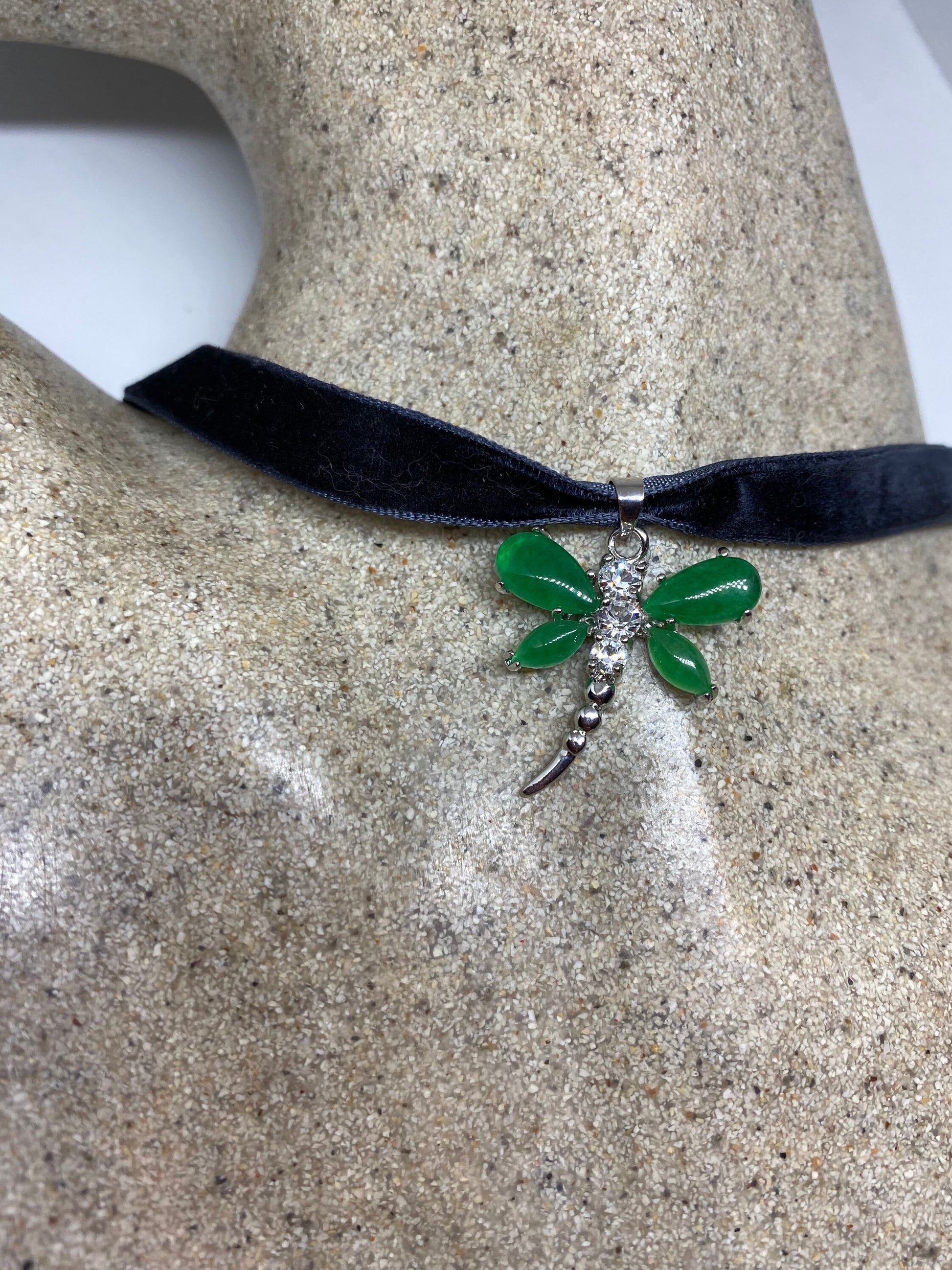 Vintage Green Jade Dragonfly Choker Silver Finish Necklace Pendant