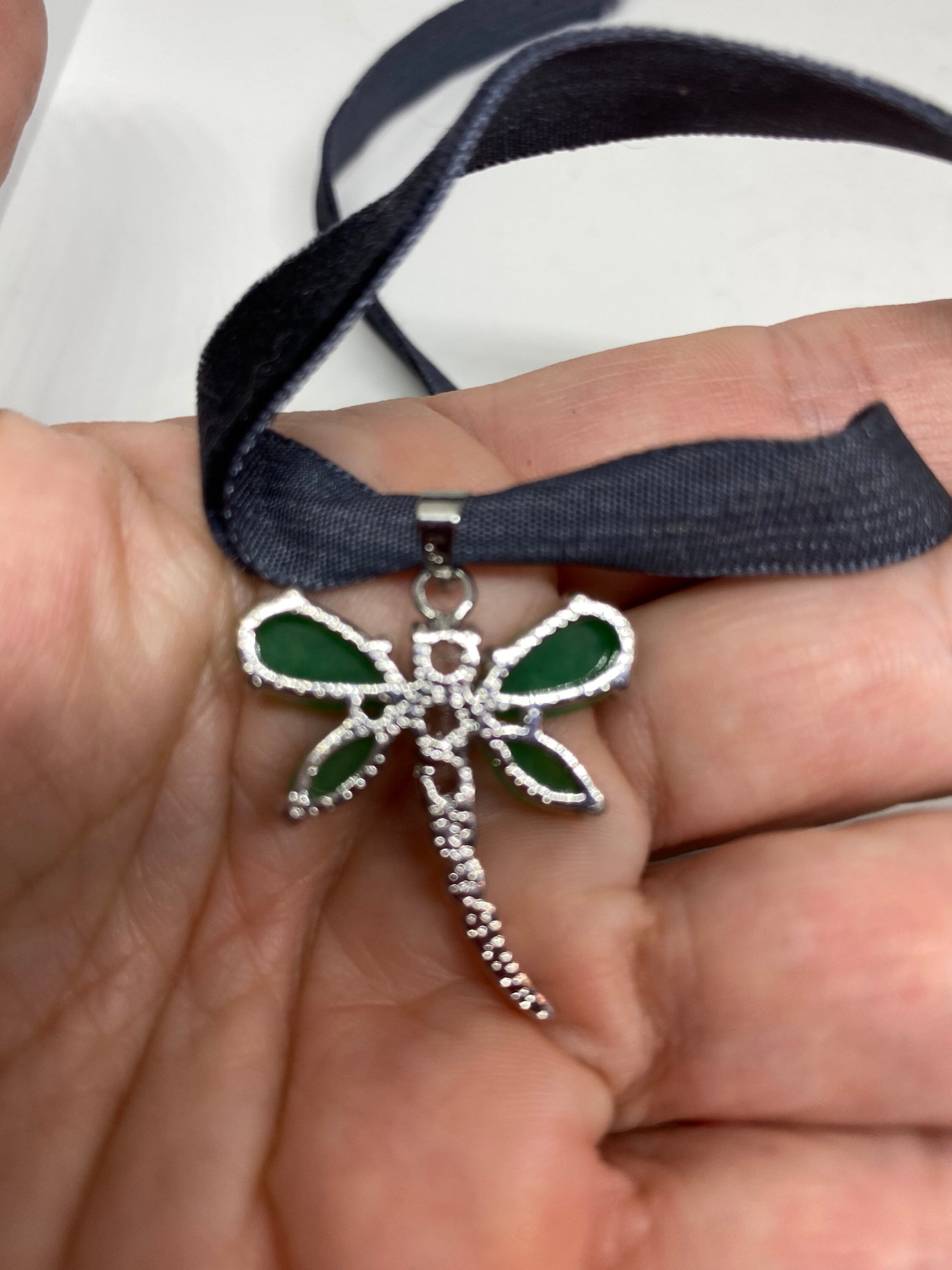 Vintage Green Jade Dragonfly Choker Silver Finish Necklace Pendant