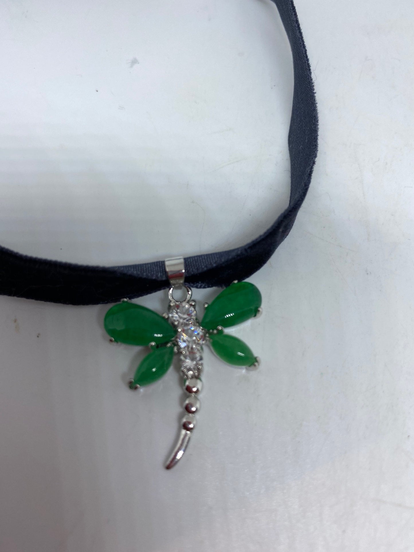 Vintage Green Jade Dragonfly Choker Silver Finish Necklace Pendant