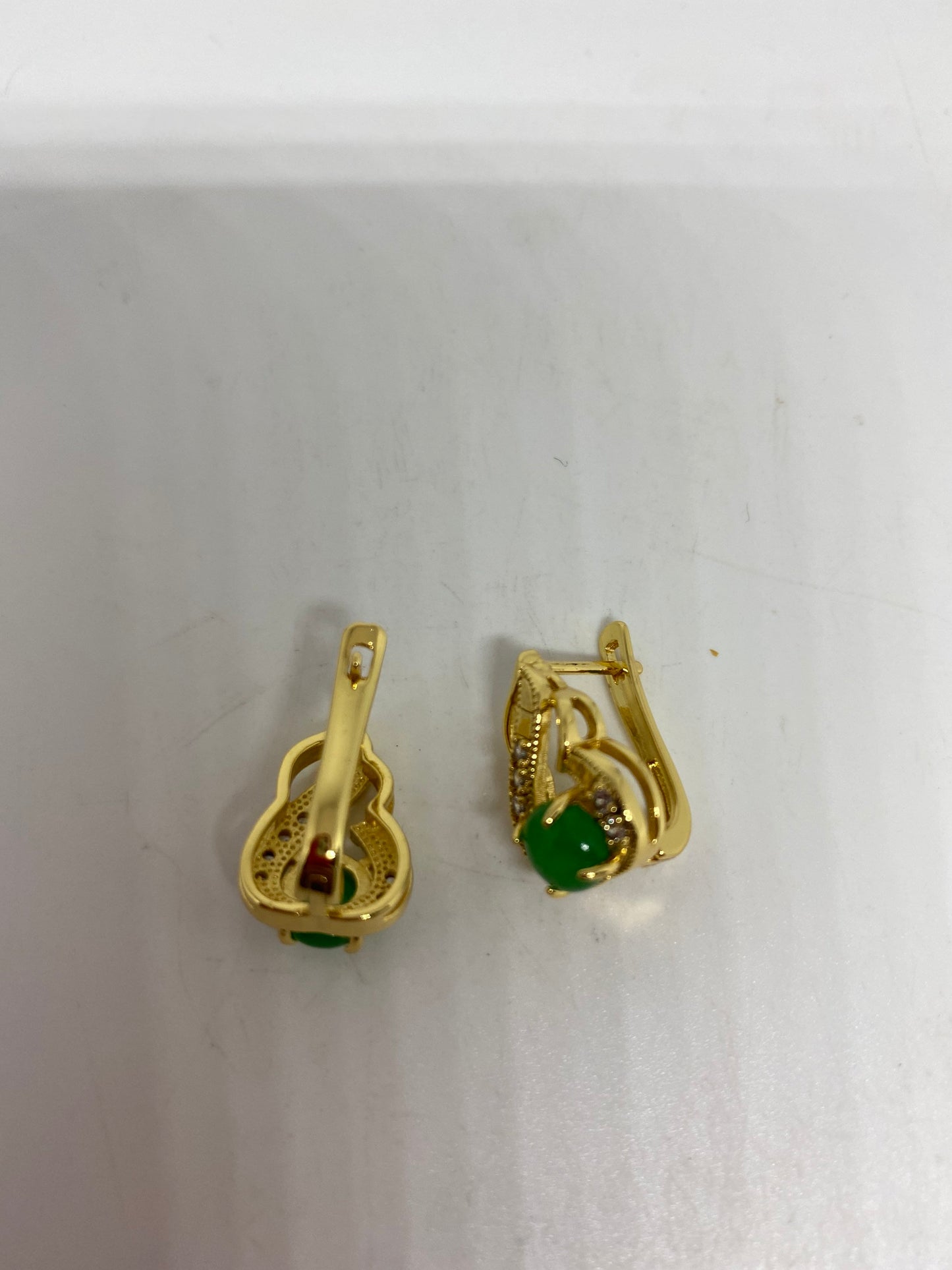 Vintage Green Jade Golden Earrings Stud Button