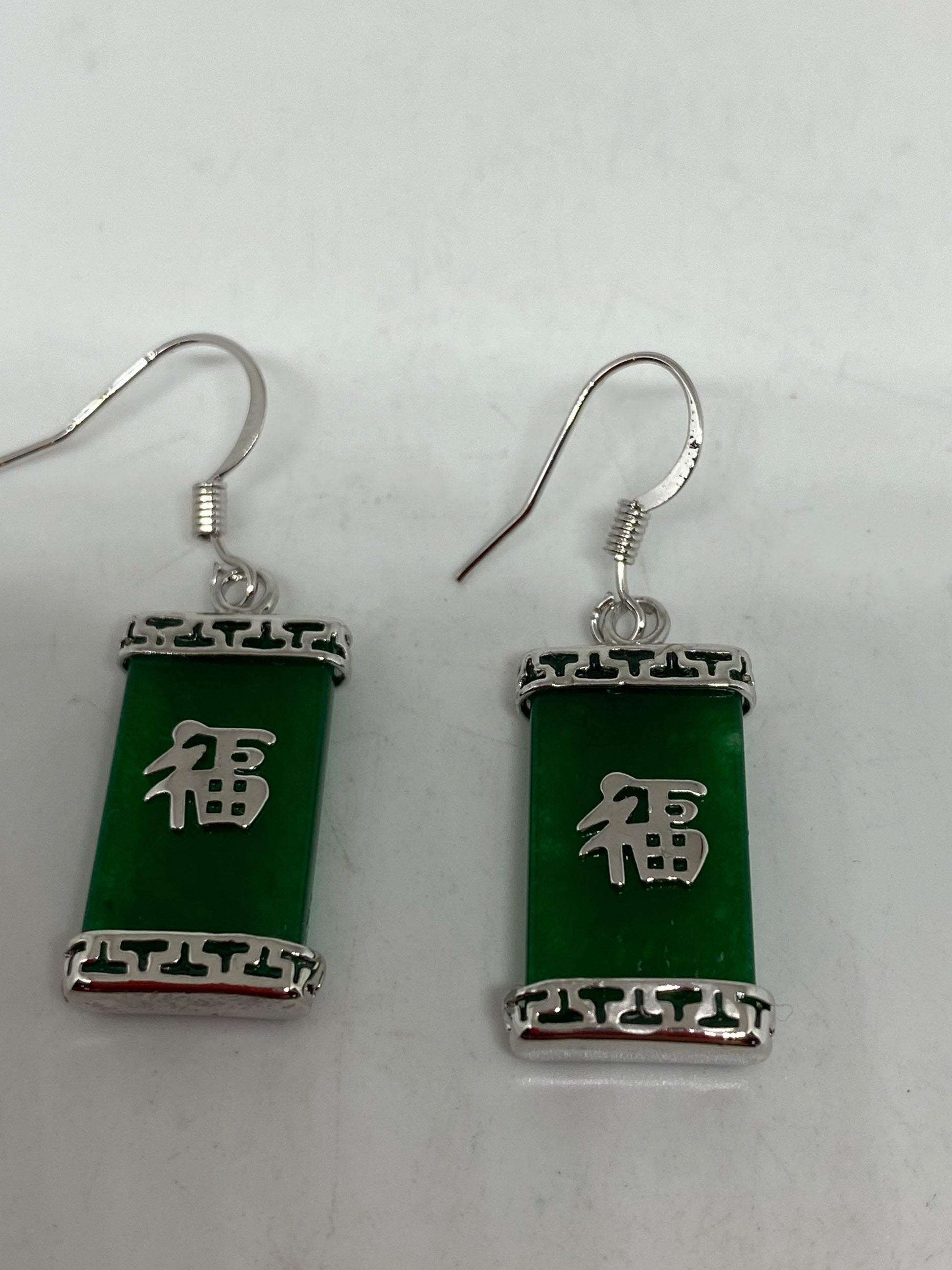 Vintage Fun Green Jade Gemstone Silver Bronze Earrings