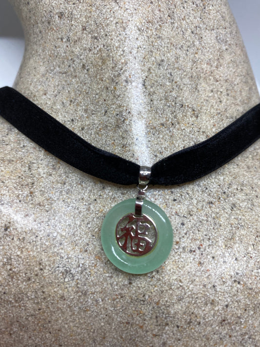 Vintage Fun Jade Choker 925 Sterling Silver Chinese Lucky Pendant