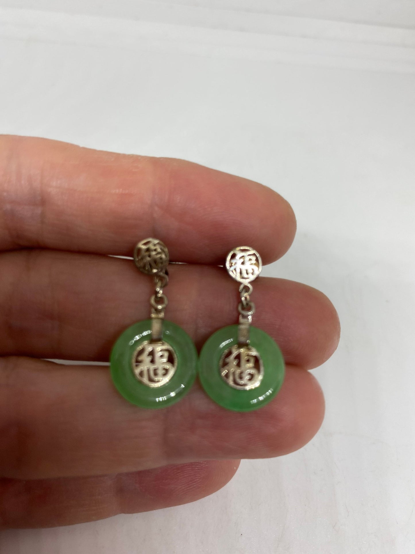 Vintage Fun Green Jade Gemstone Silver Earrings