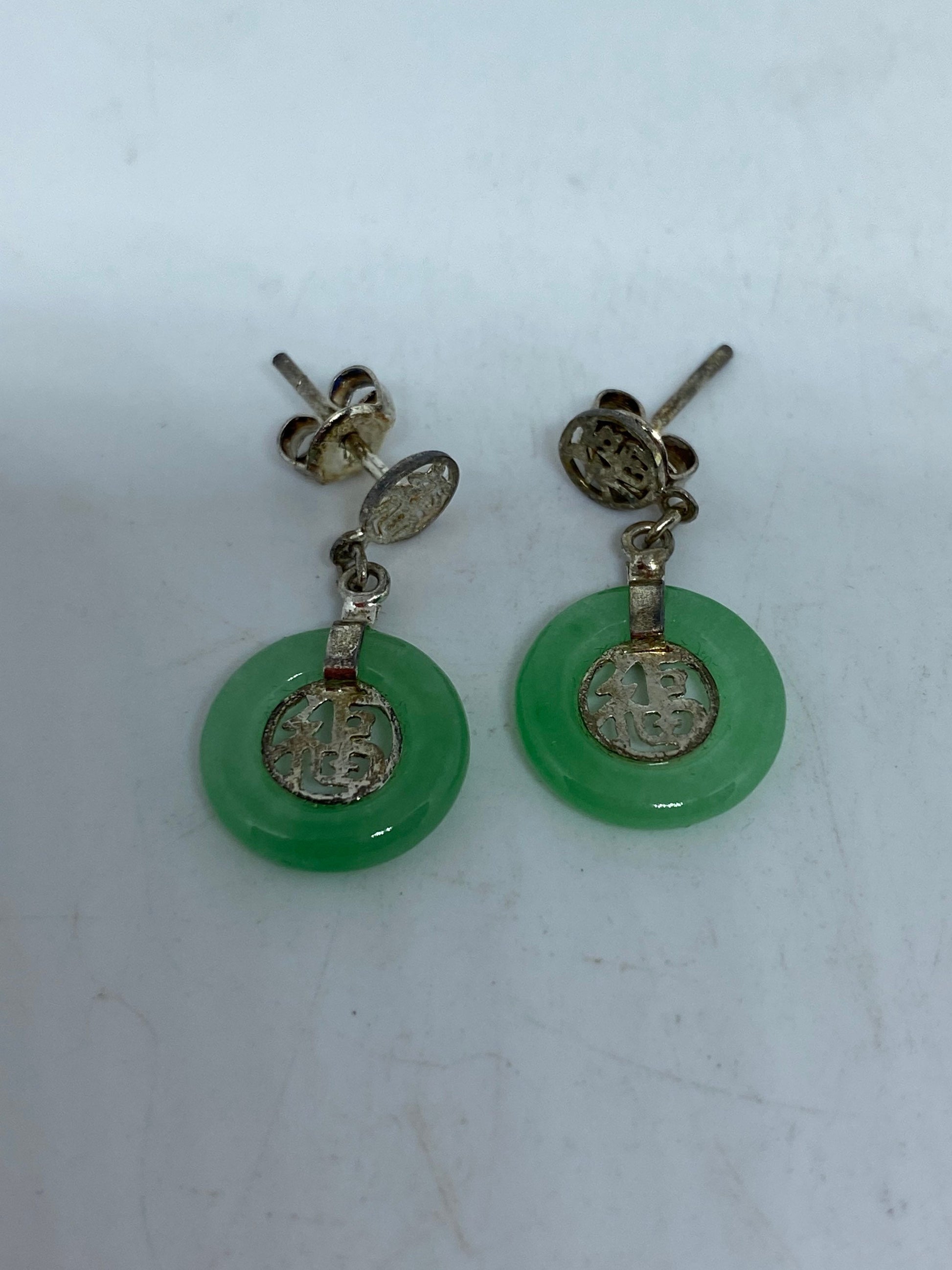 Vintage Fun Green Jade Gemstone Silver Earrings