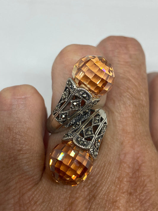 Vintage Marcasite Ring Amber Cubic Zirconia Crystal 925 Sterling Silver Cocktail Statement