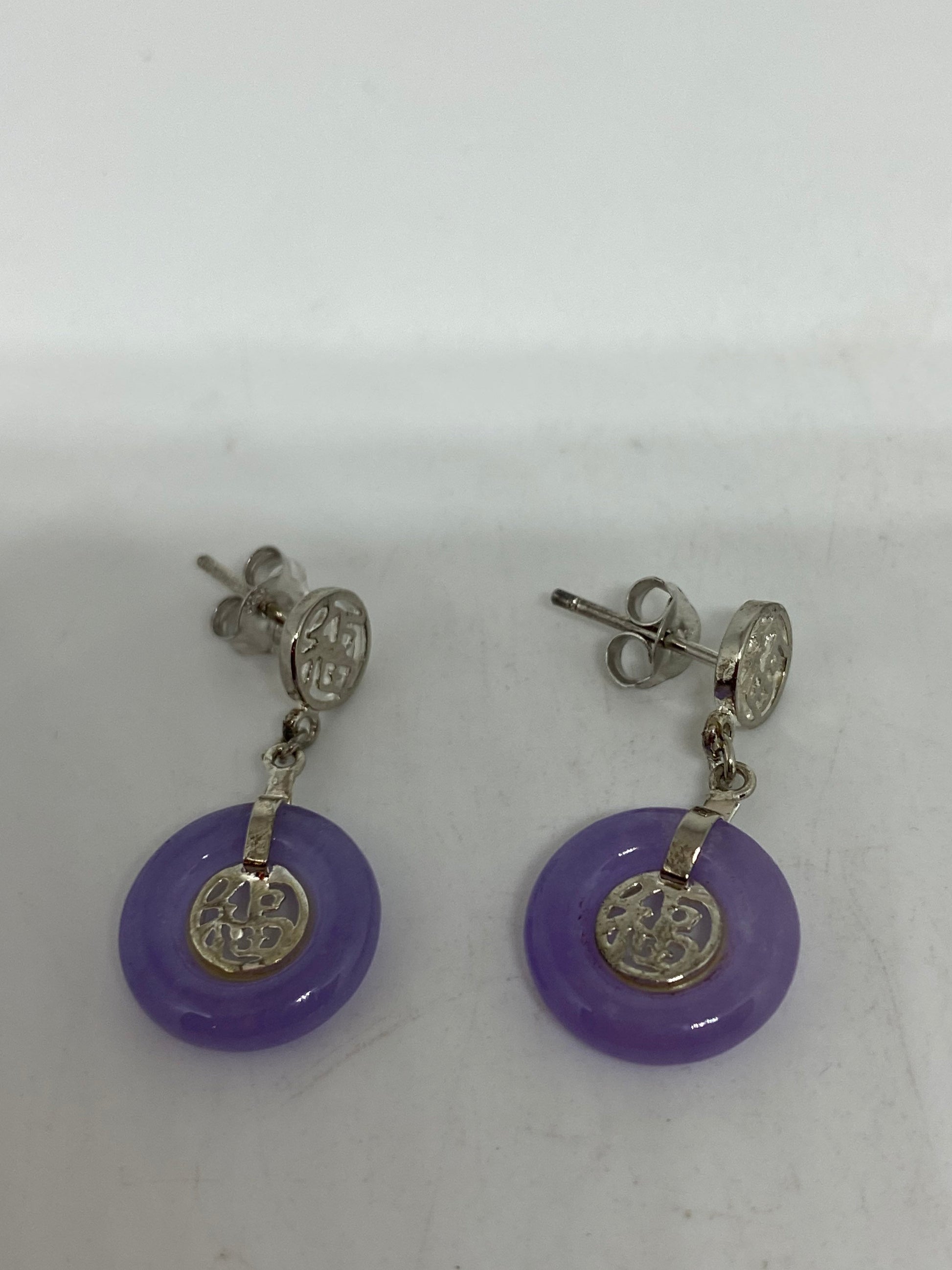 Vintage Genuine Purple Jade Gemstone Silver Earrings