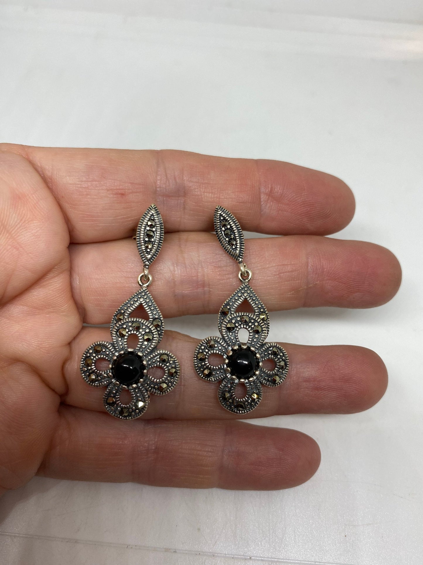Vintage Marcasite 925 Sterling Silver Dangle Earrings