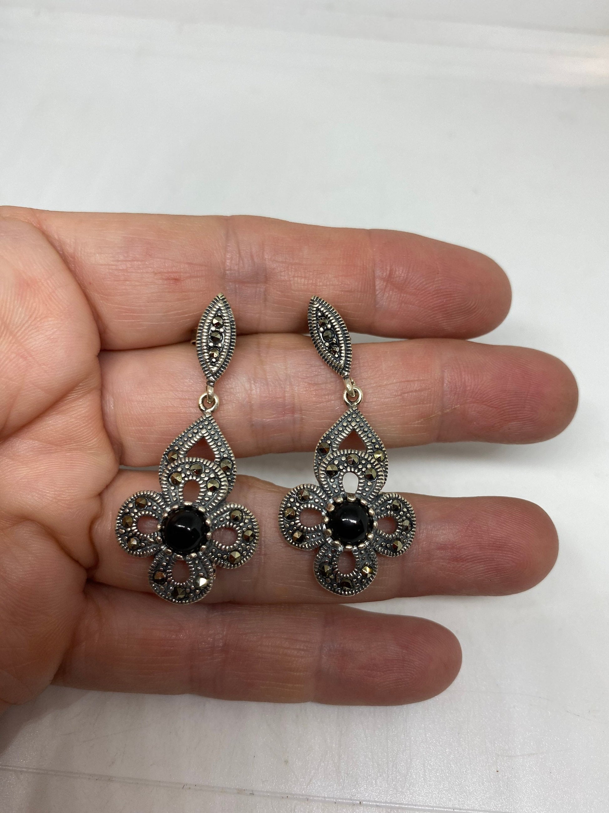 Vintage Marcasite 925 Sterling Silver Dangle Earrings
