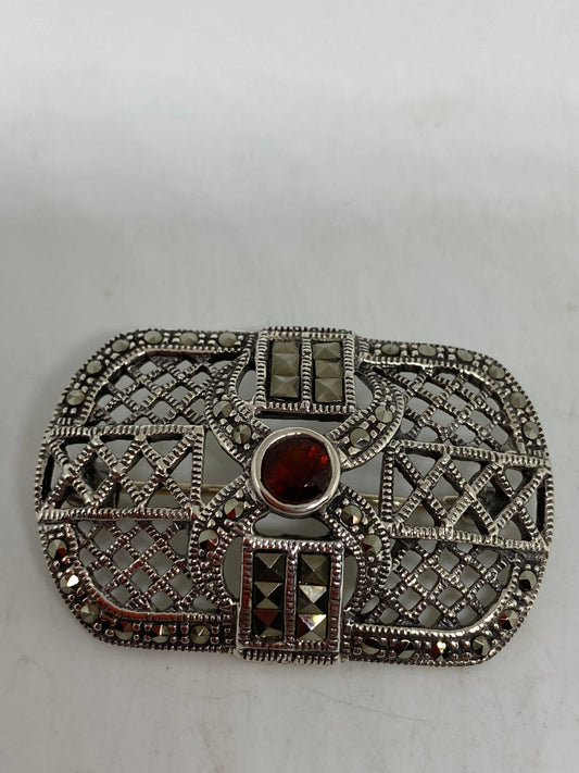 Vintage Red Garnet Pin Marcasite 925 Sterling Silver Brooch