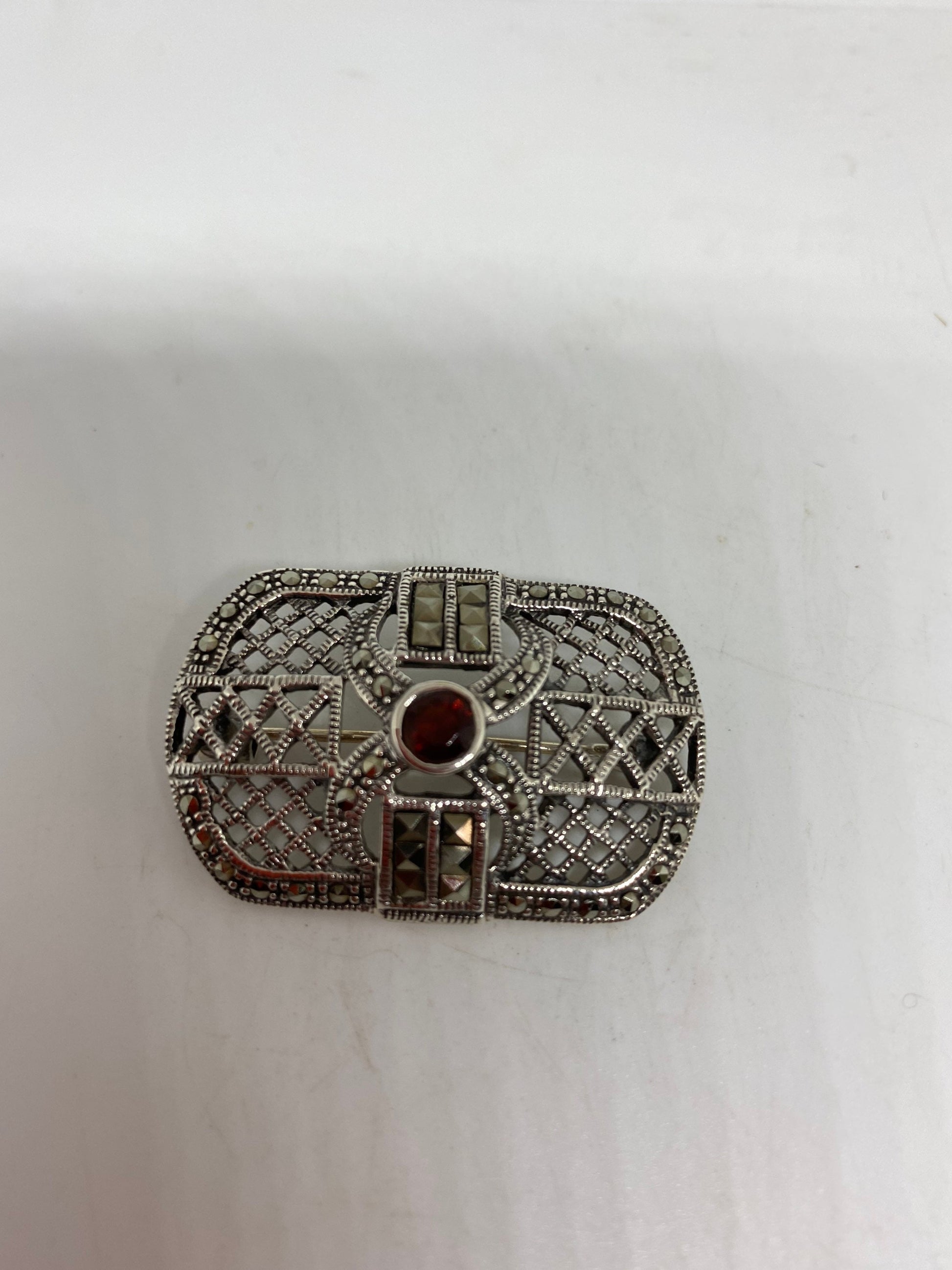 Vintage Red Garnet Pin Marcasite 925 Sterling Silver Brooch