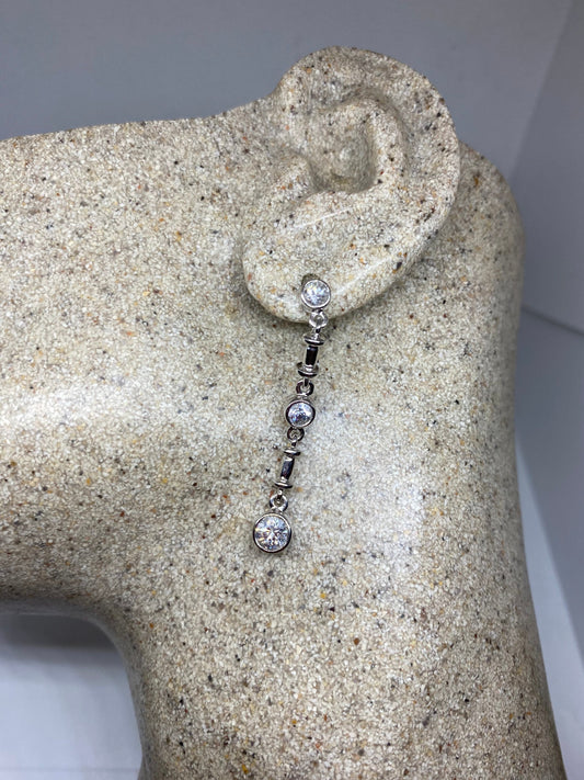 Vintage Handmade Sterling Silver diamond look White Sapphire Gemstone drop Earrings