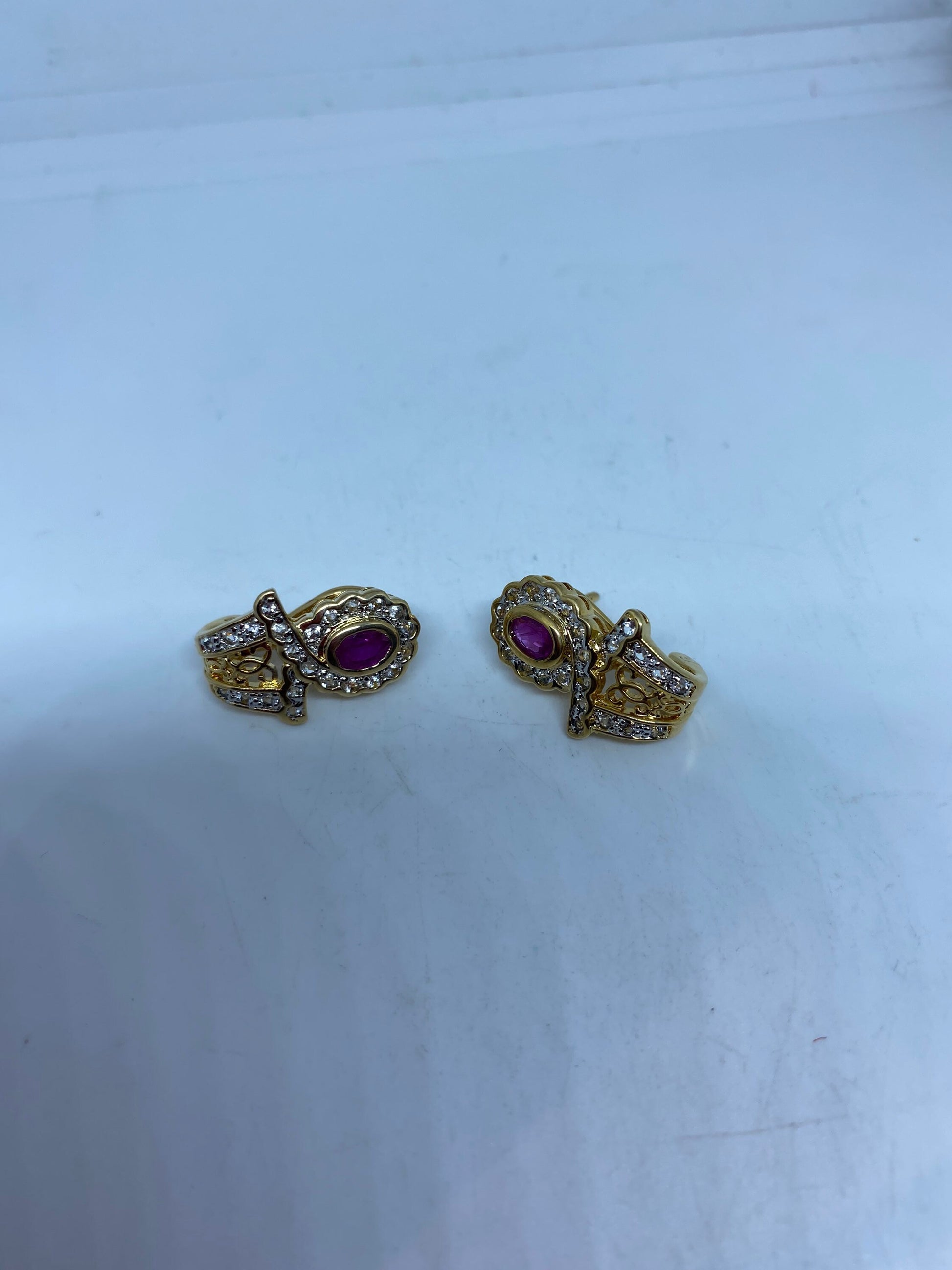 Vintage Handmade Sterling Silver Deep Pink Ruby Earrings